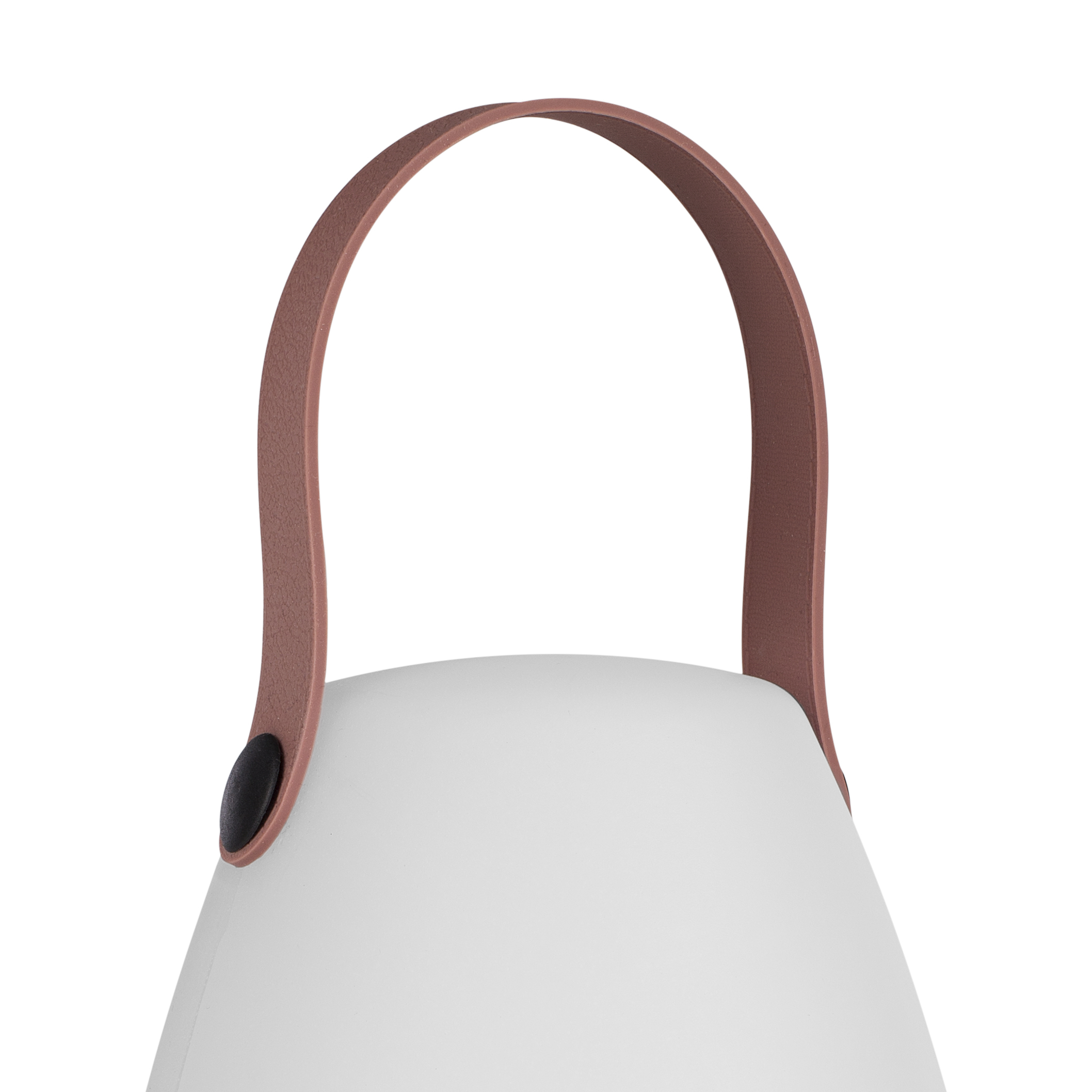 Een witte lamp met een bruine lederen handgreep, tegen een witte achtergrond.