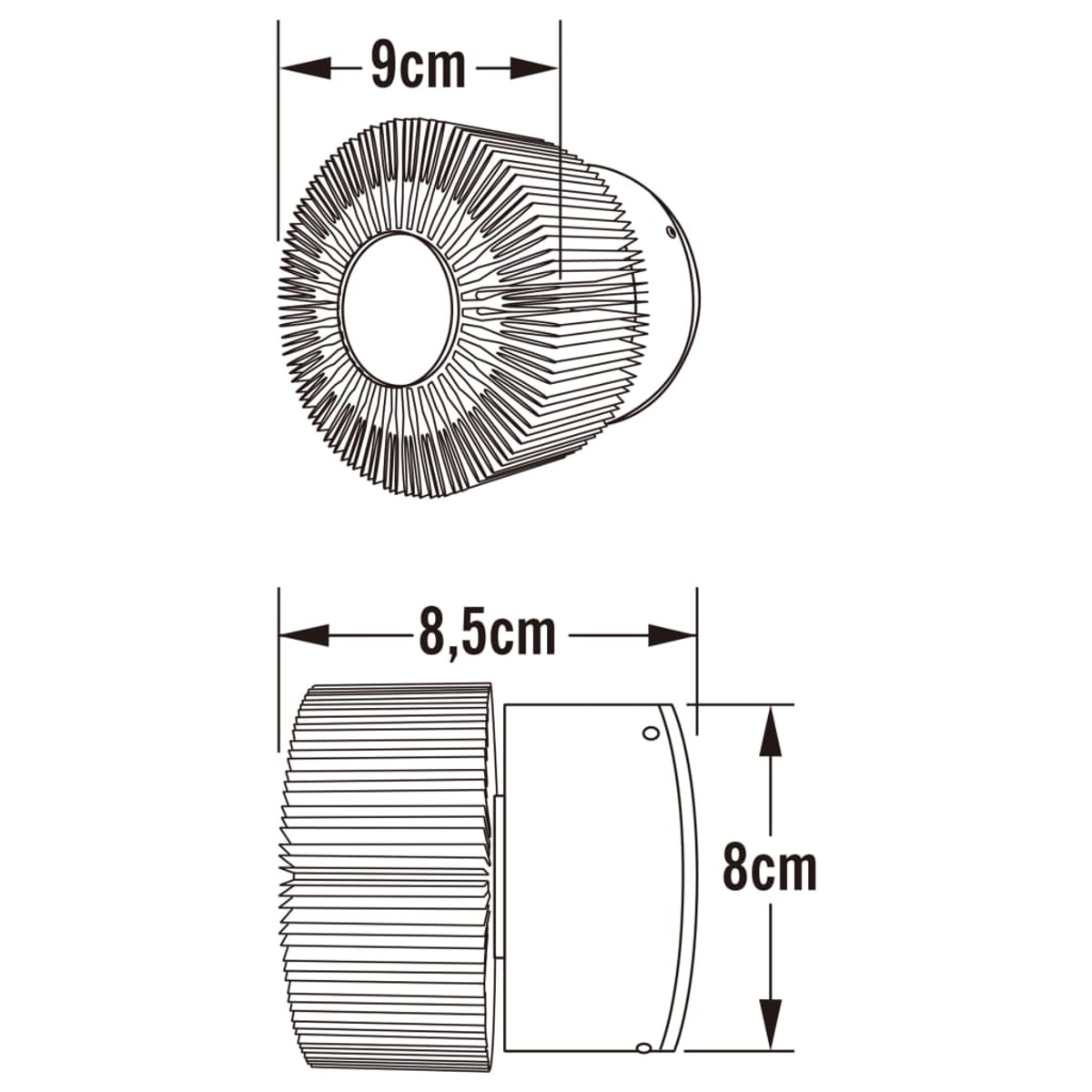 Diagramma di una lampada rotonda e dimensioni. La lampada è realizzata in metallo con alette.