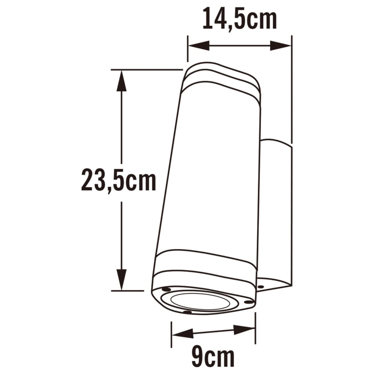 Diagramm mit den Abmessungen einer Lampe: 23,5 cm hoch, 14,5 cm breit und 9 cm Basis.