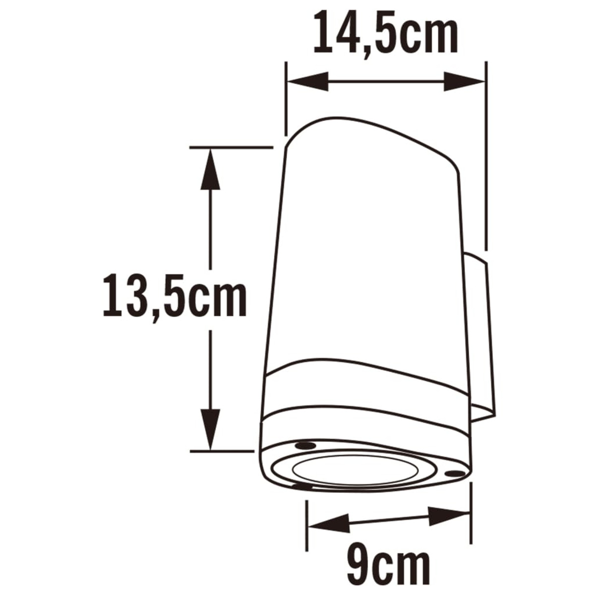 Diagramm einer Außenwandleuchte mit Abmessungen: 14,5 cm breit, 13,5 cm hoch und 9 cm tief.