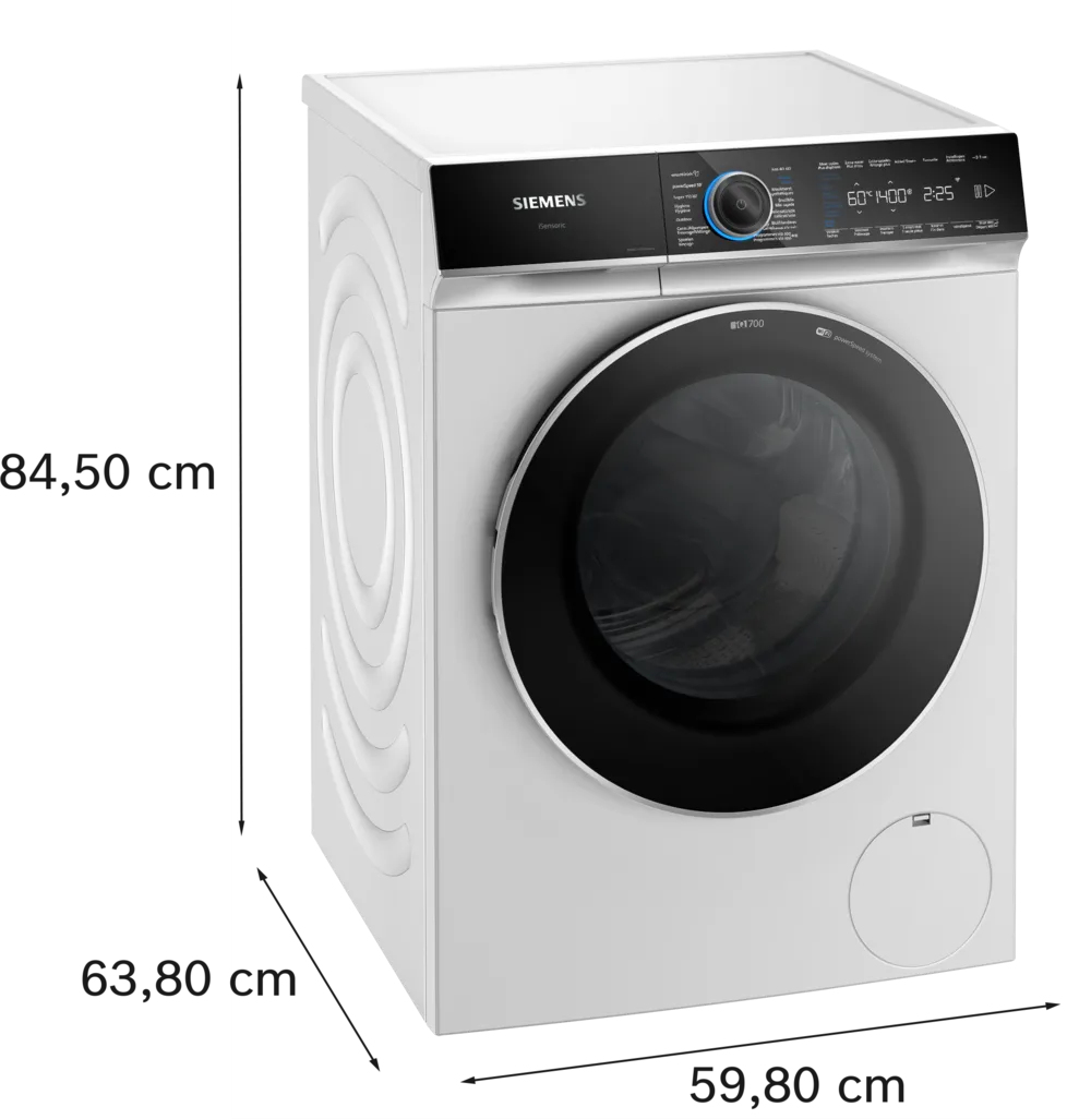 Una lavatrice bianca con le dimensioni indicate.