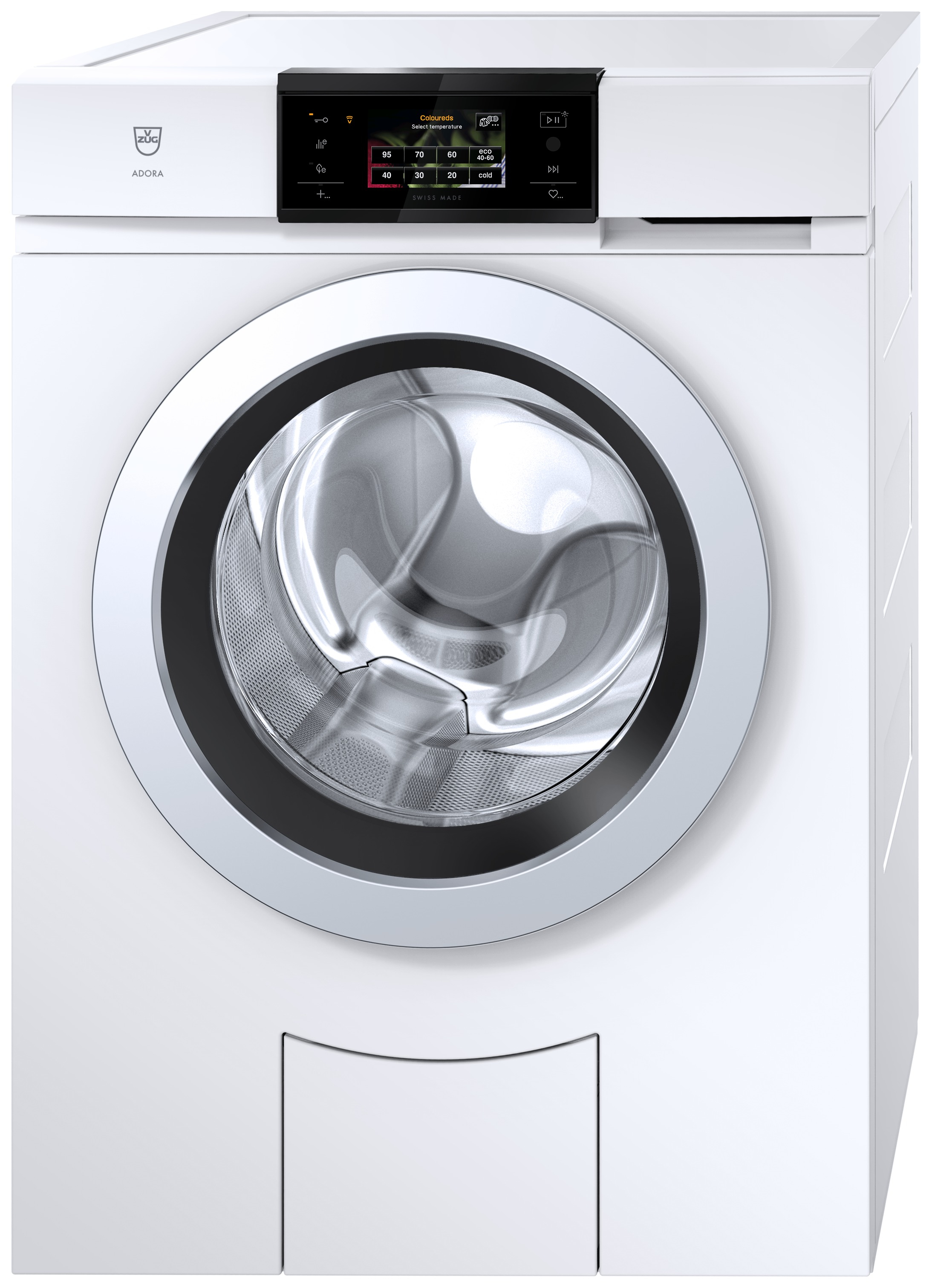 Lave-linge blanc avec porte circulaire. Panneau de commande en haut avec affichage numérique.