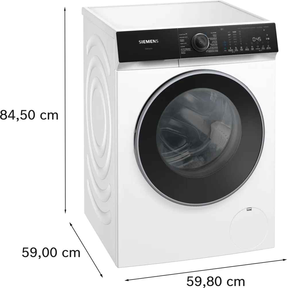 Lavatrice bianca con dimensioni: 84,50 cm altezza, 59,00 cm profondità, 59,80 cm larghezza.