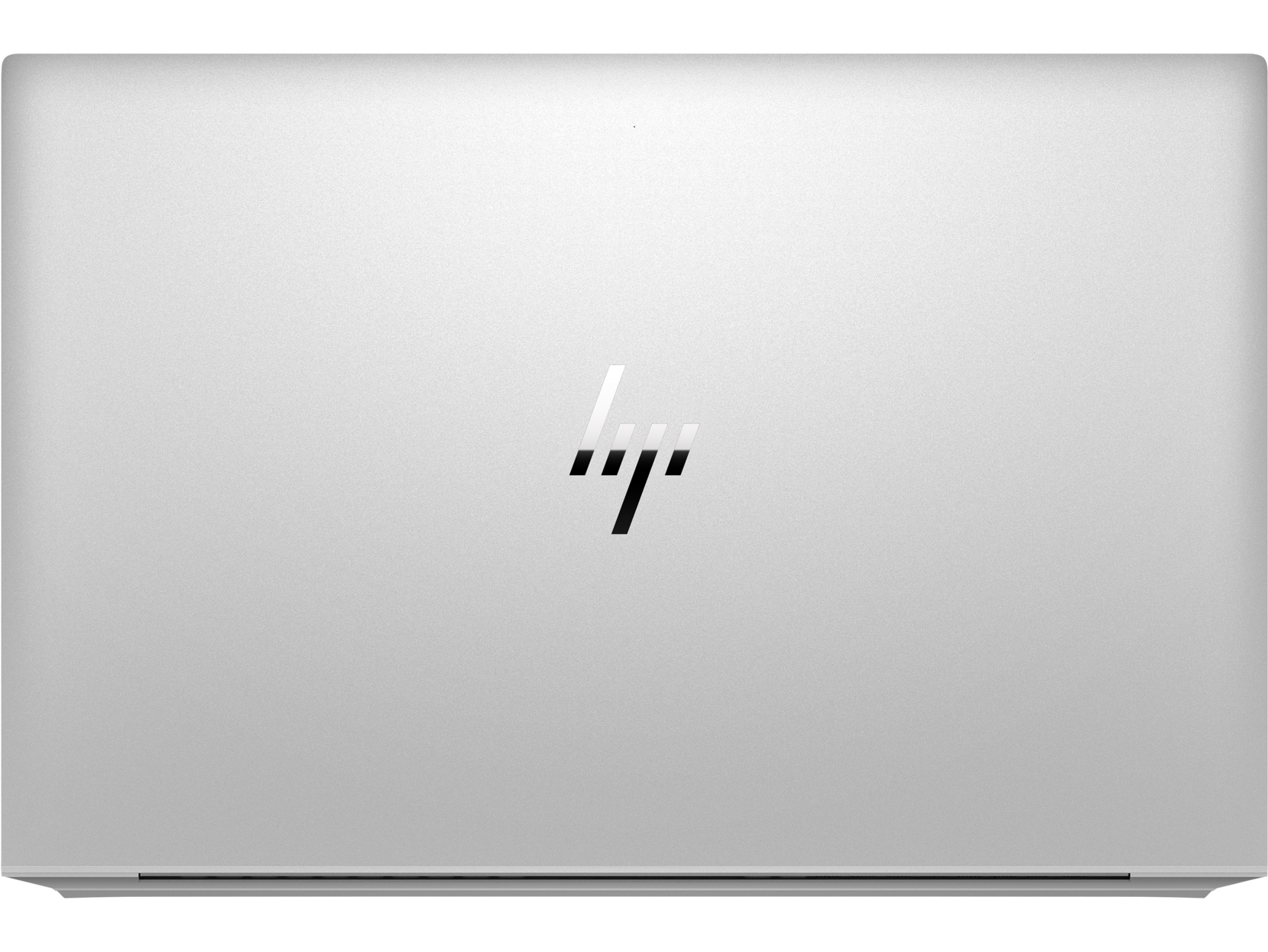 Closed silver laptop with the HP logo on the top. White background.