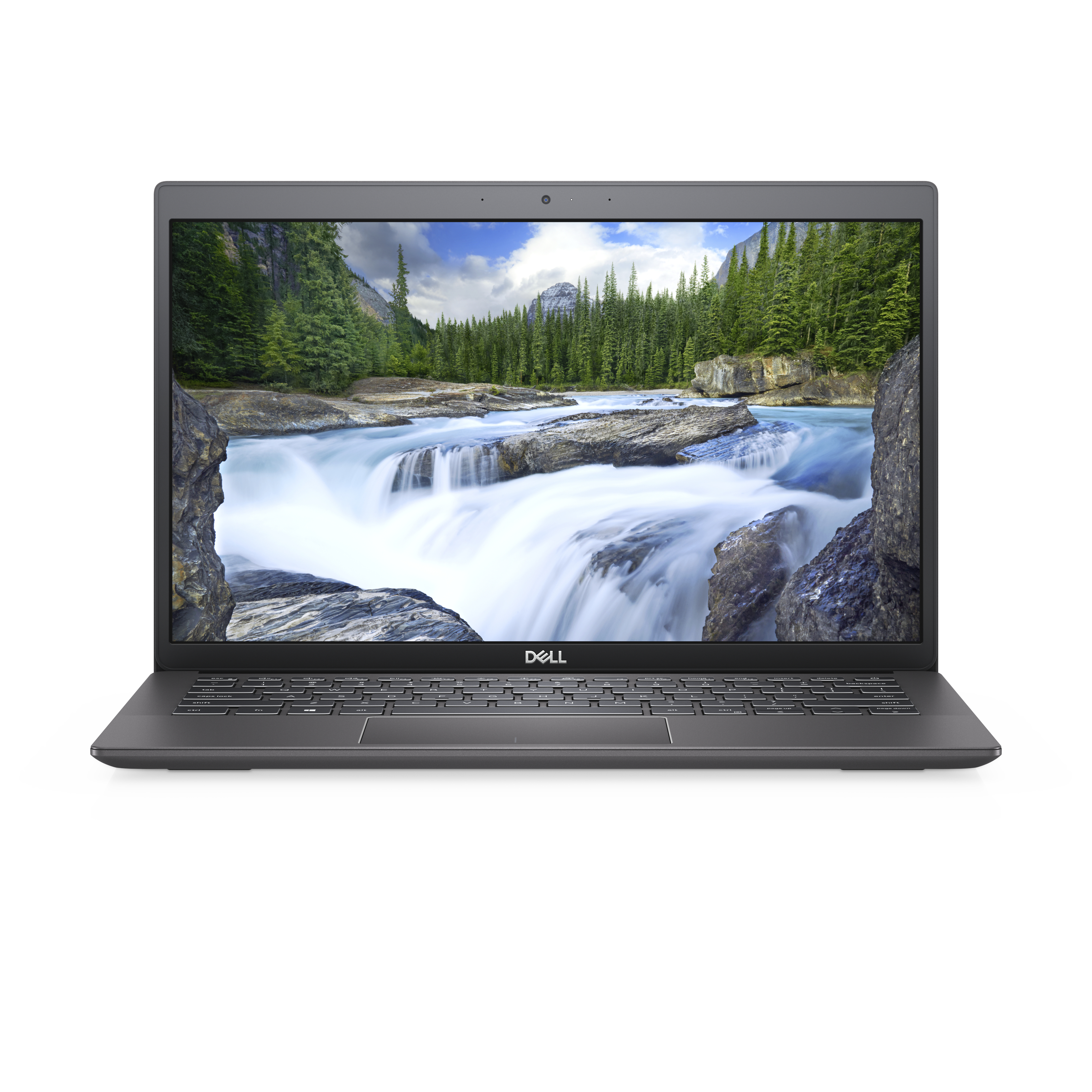 A laptop displays a scenic waterfall view with green trees on both sides of the water.