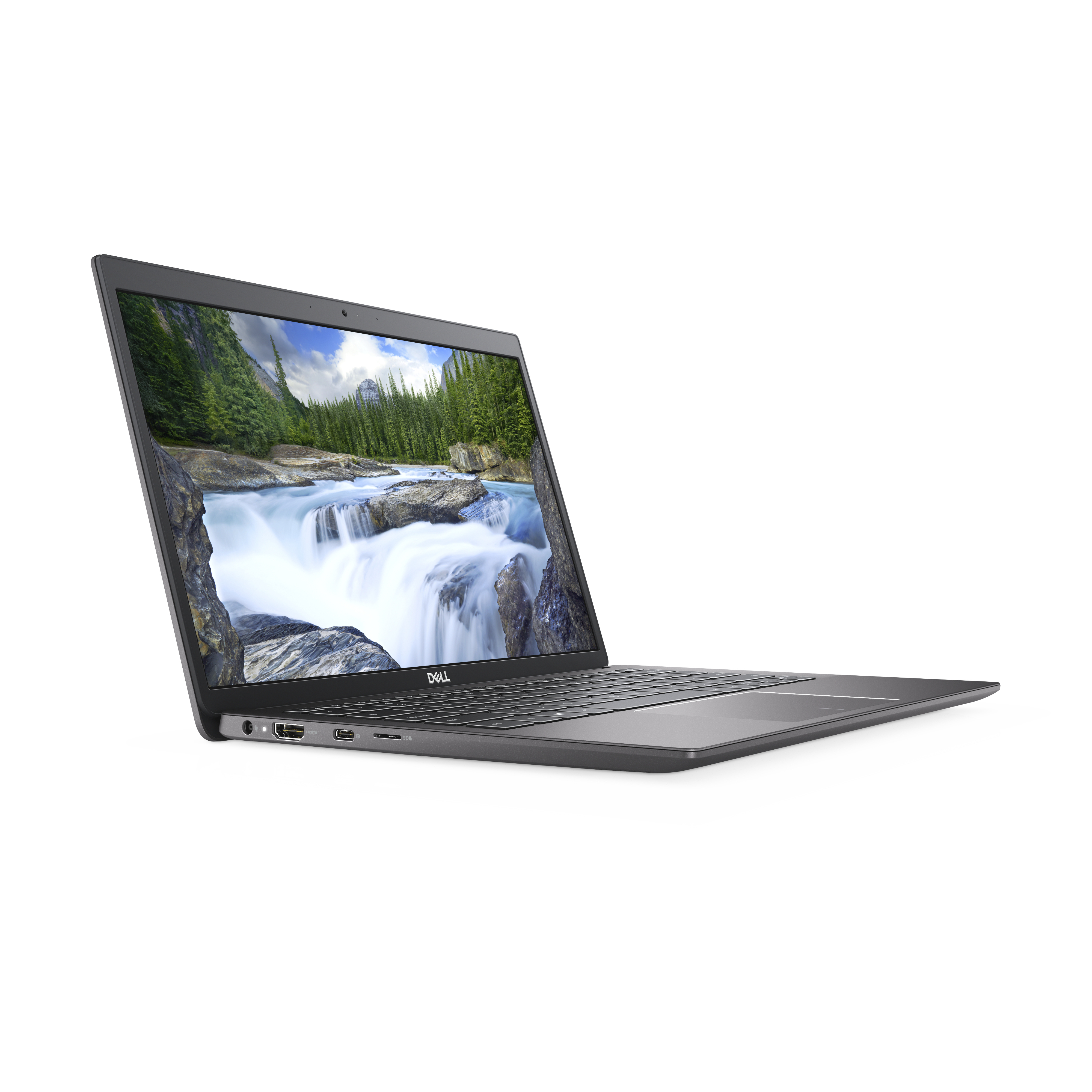 Laptop displays a scenic waterfall view with green trees on the left side, angled to the right.