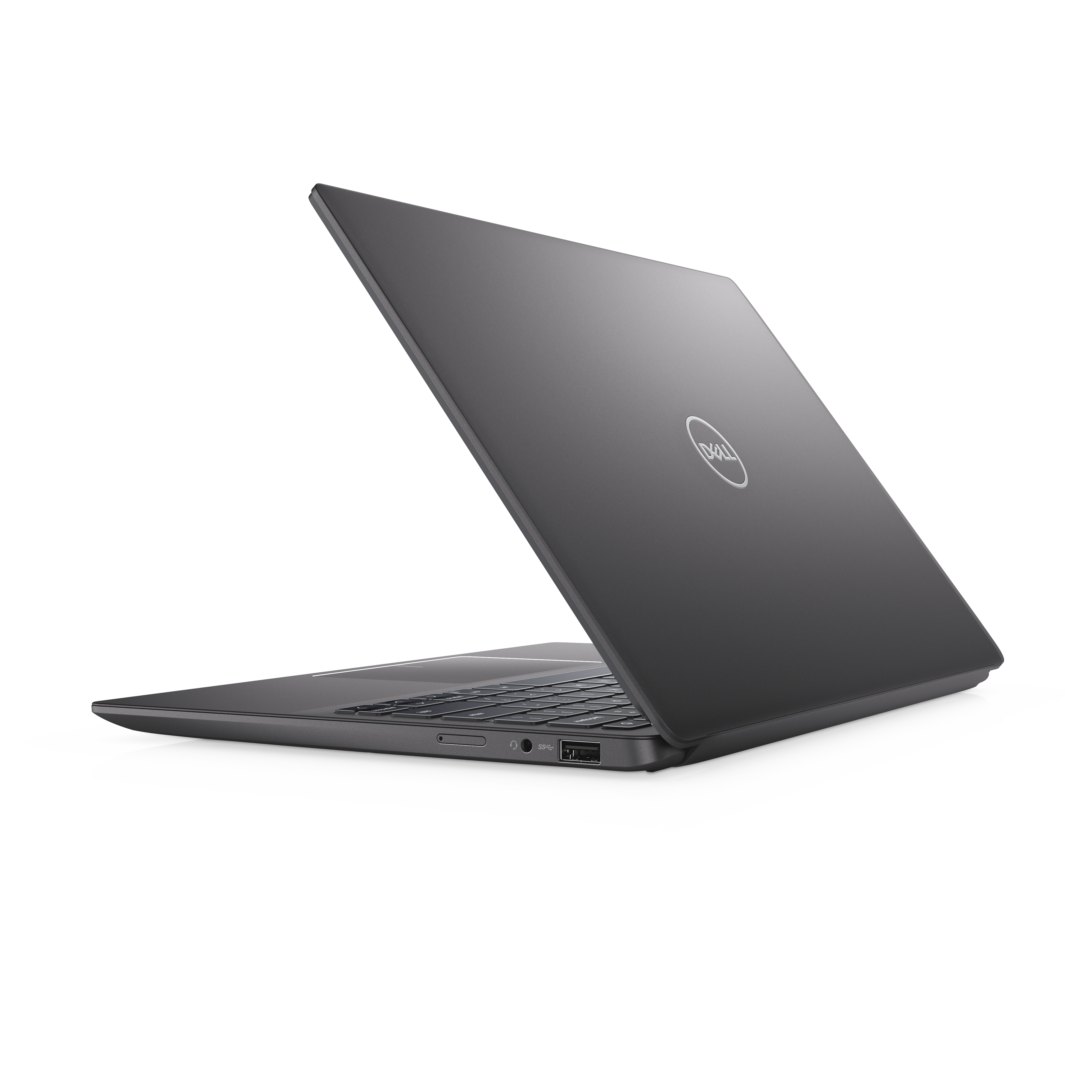 Gray Dell laptop with the lid open, showing the Dell logo on the back.