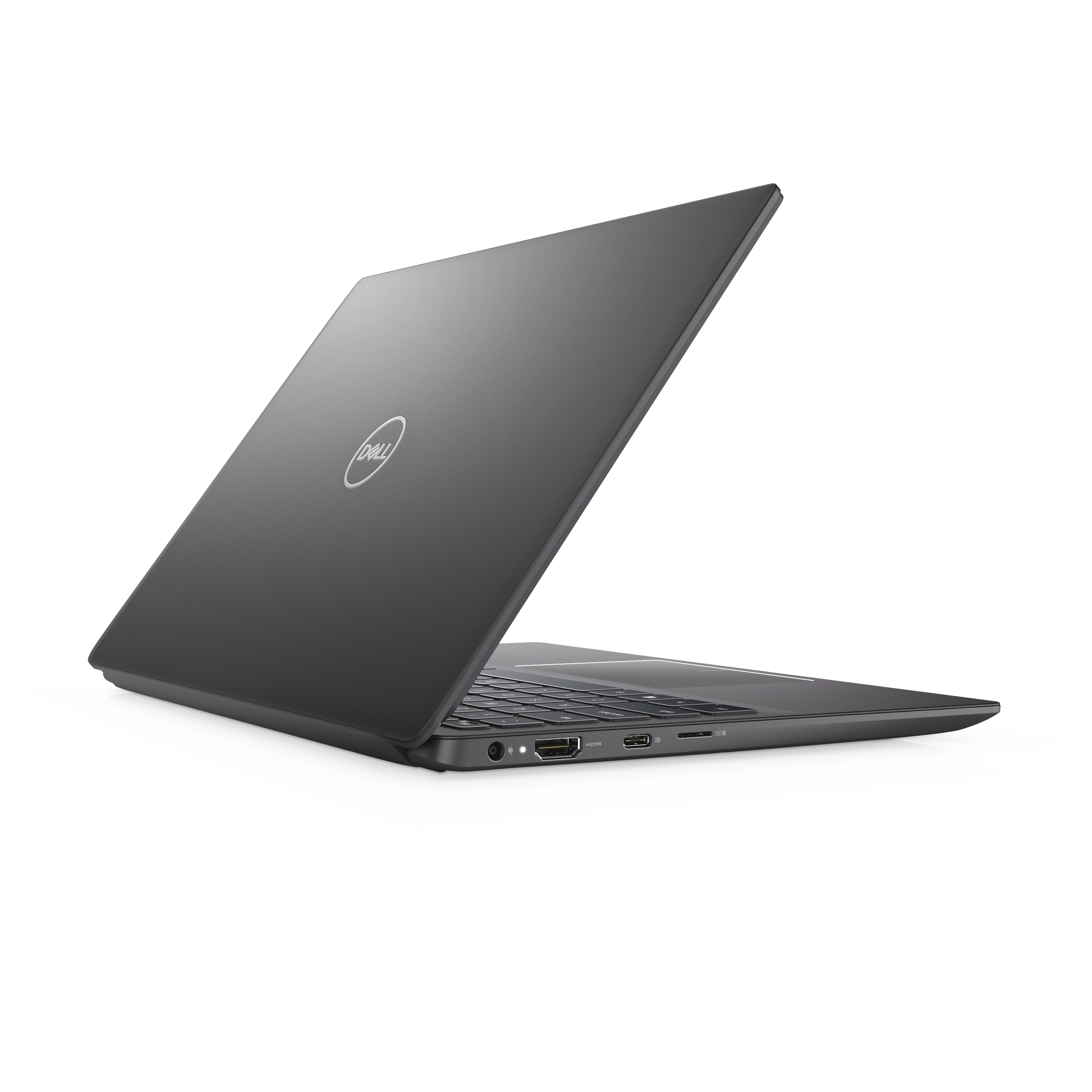 A dark gray laptop from the side, showing ports and the back with the Dell logo.