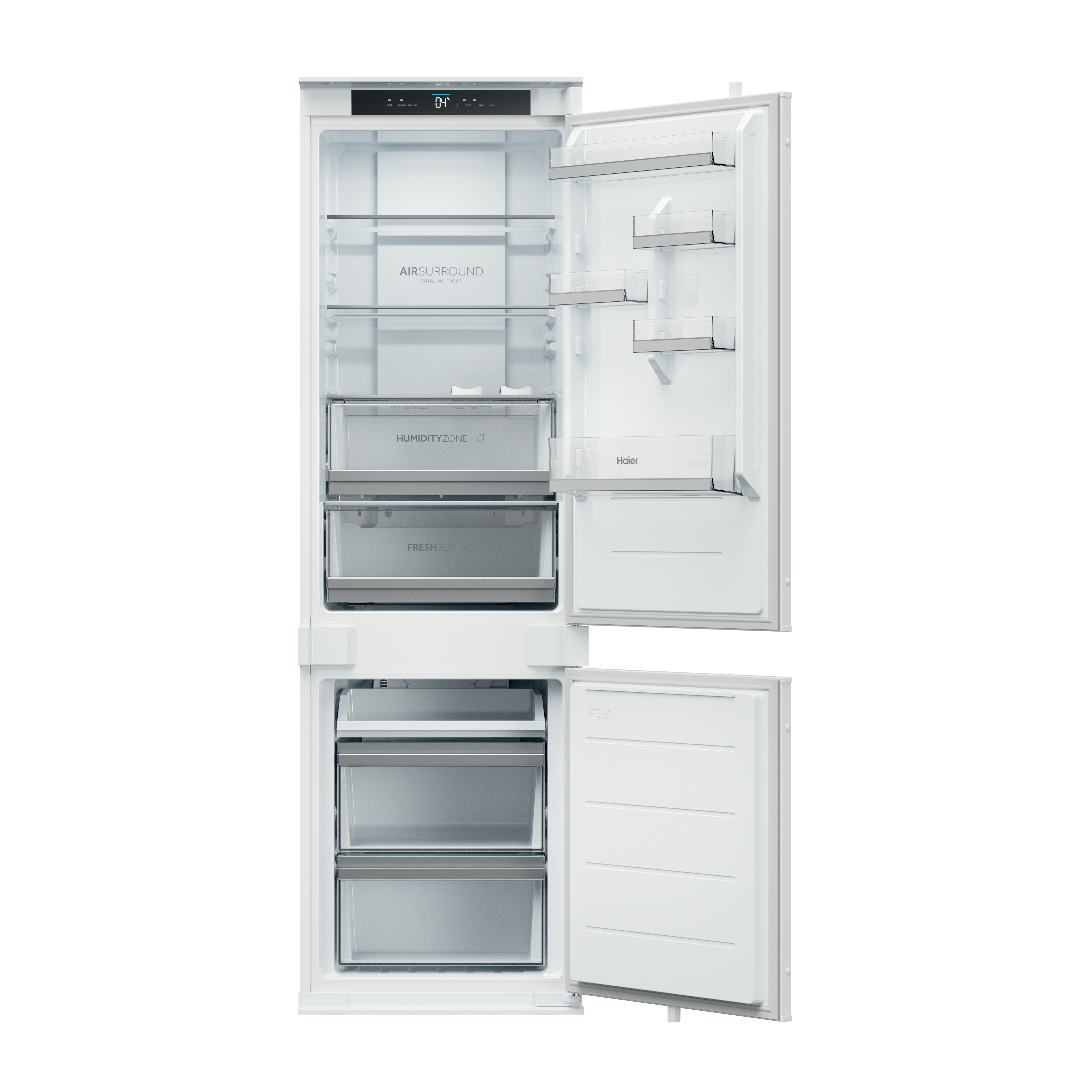 Refrigerador blanco con puertas abiertas, mostrando estantes interiores y almacenamiento de alimentos.