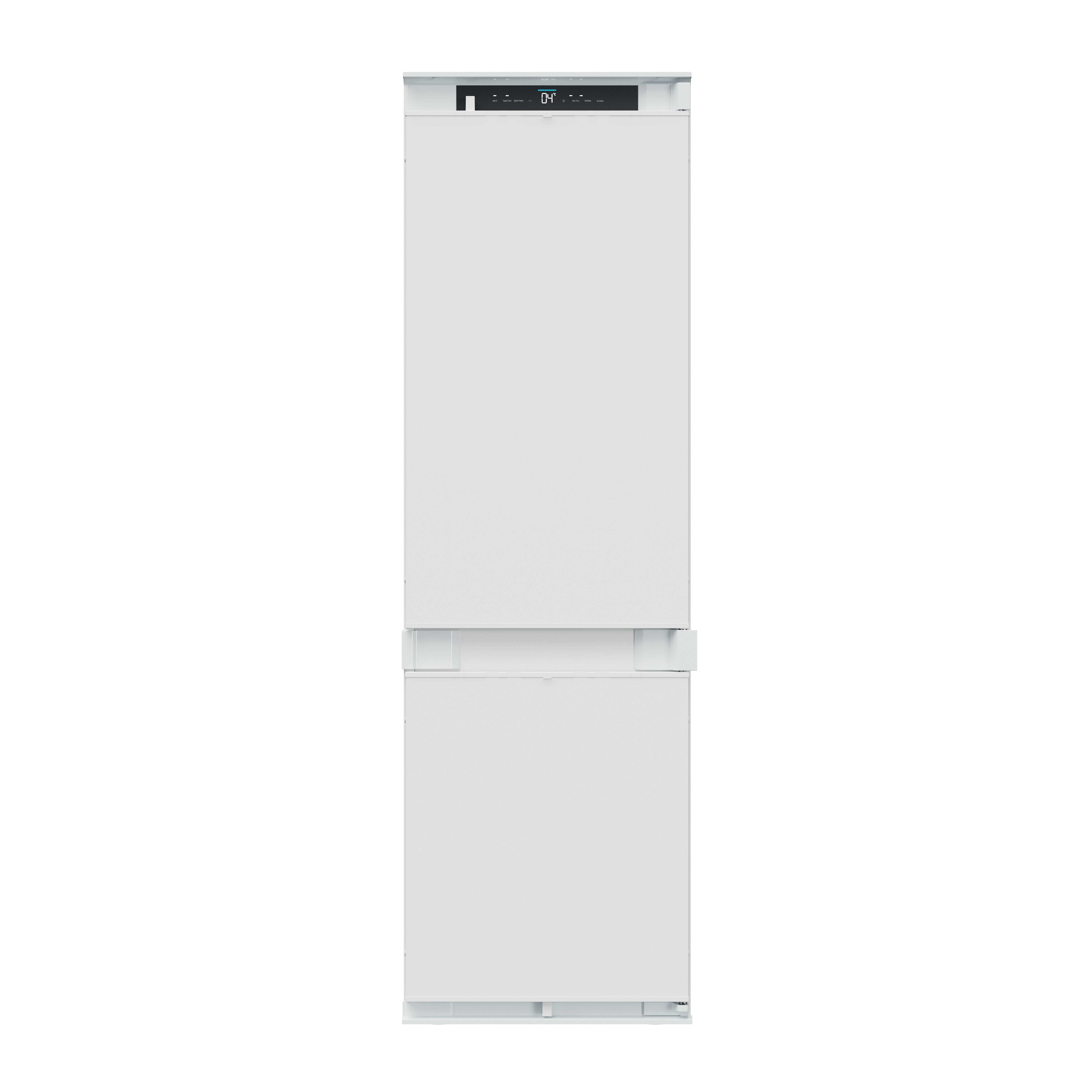 Un refrigerador blanco con puerta cerrada, mostrando un panel de control superior.