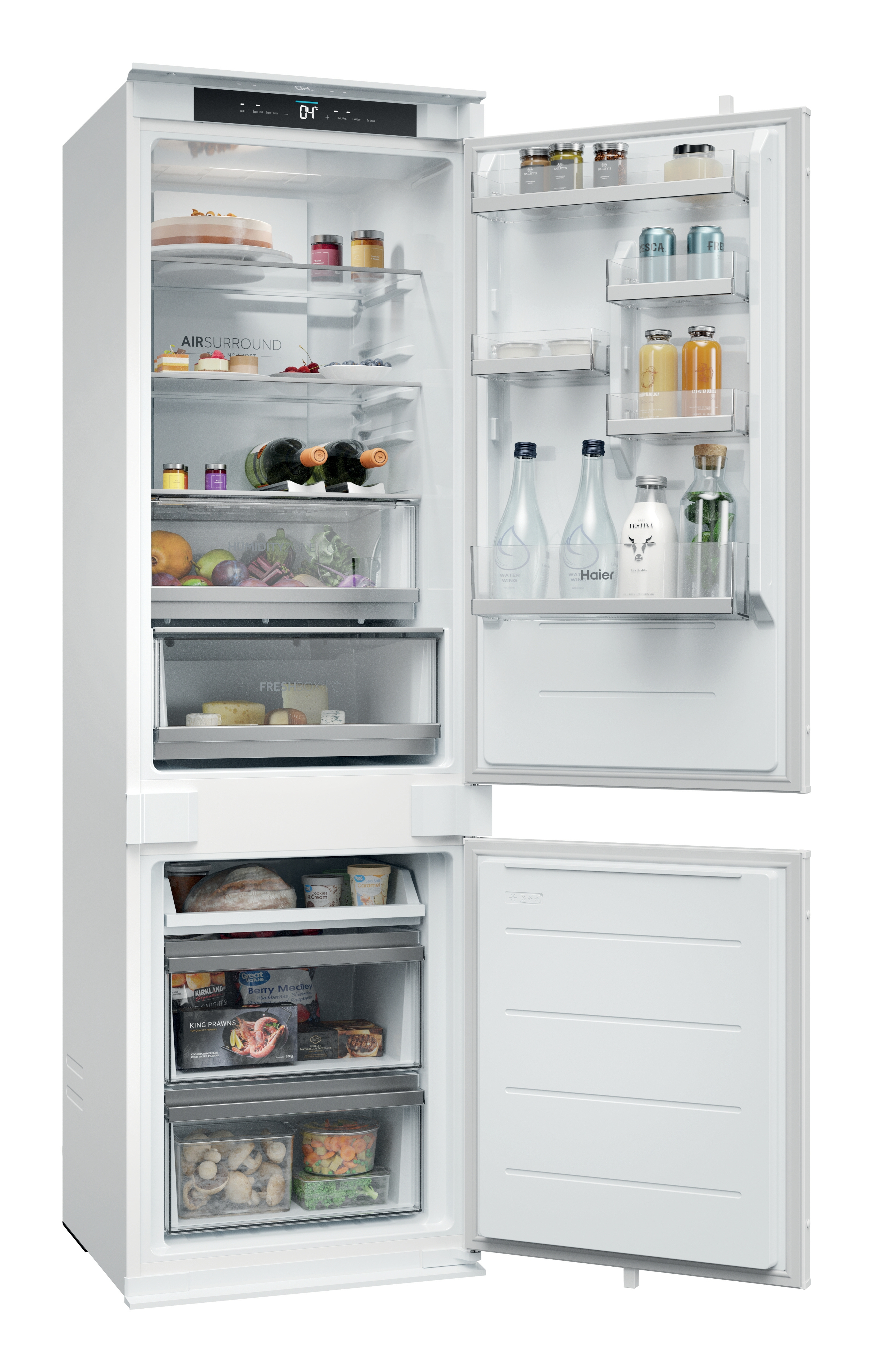 Refrigerador blanco con ambas puertas abiertas, mostrando estantes, cajones y alimentos almacenados.