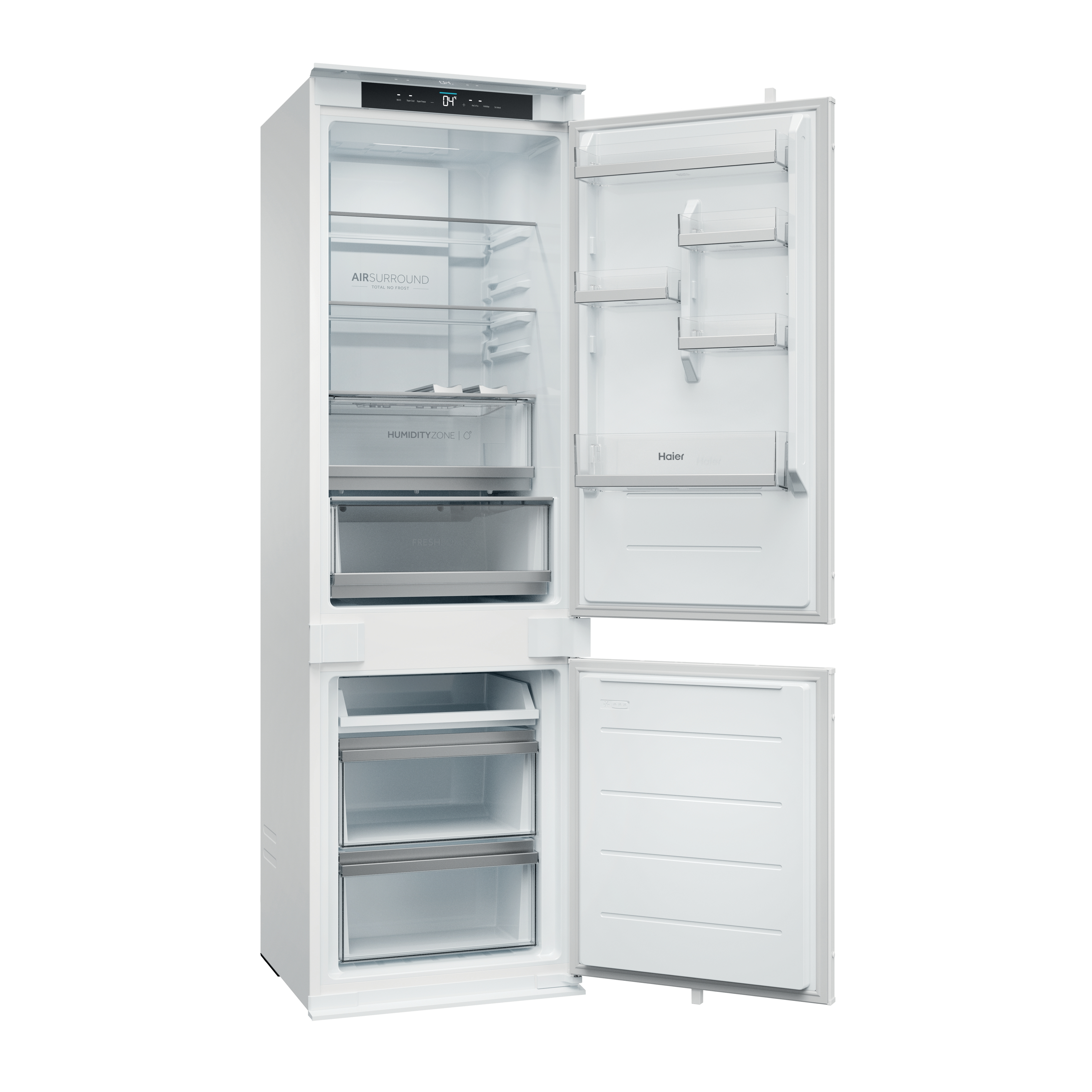 Refrigerador blanco con puertas abiertas, mostrando estantes y compartimentos. La sección del congelador está abierta abajo.