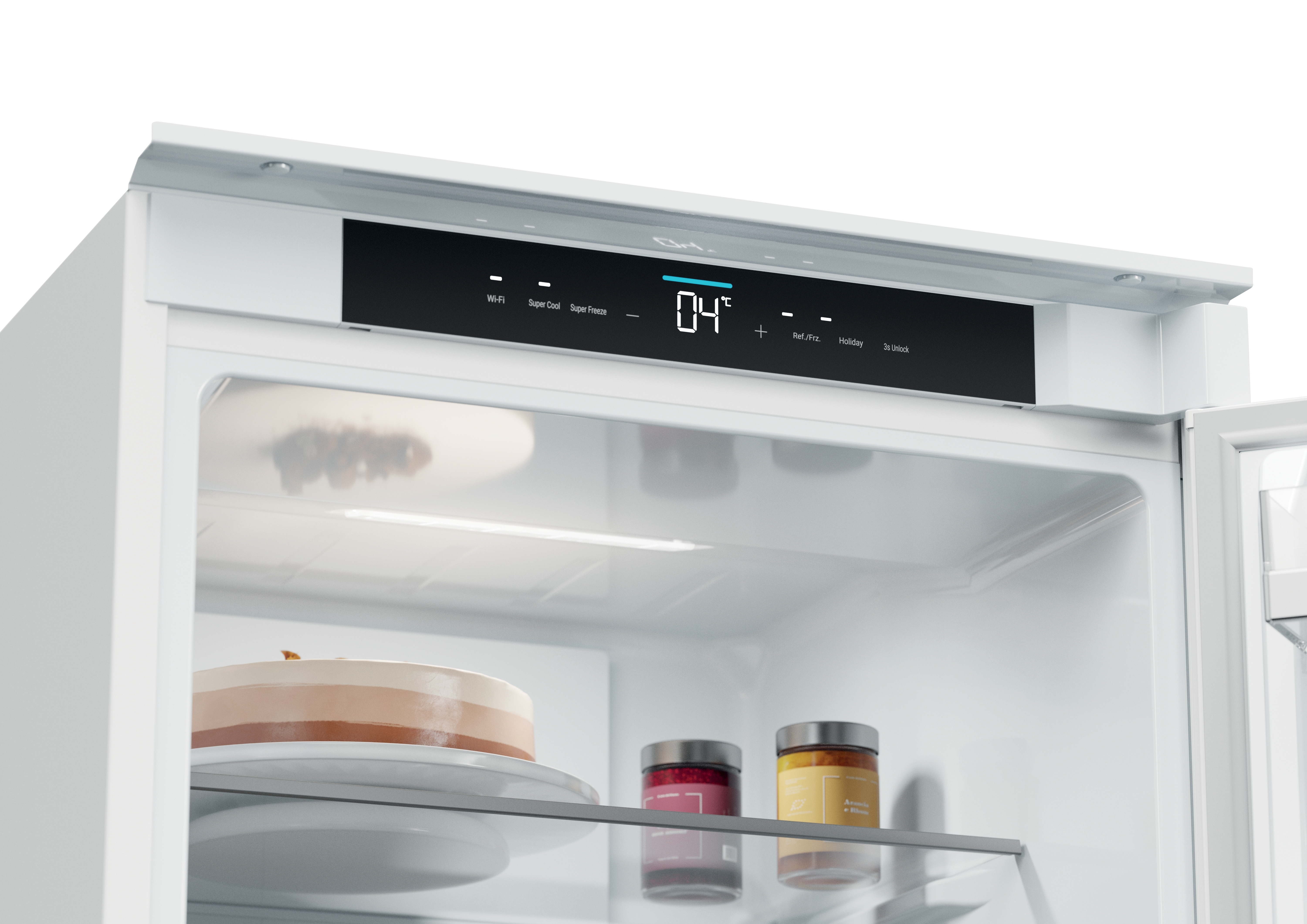 Primer plano del panel de control de un refrigerador con pantalla y opciones de configuración.