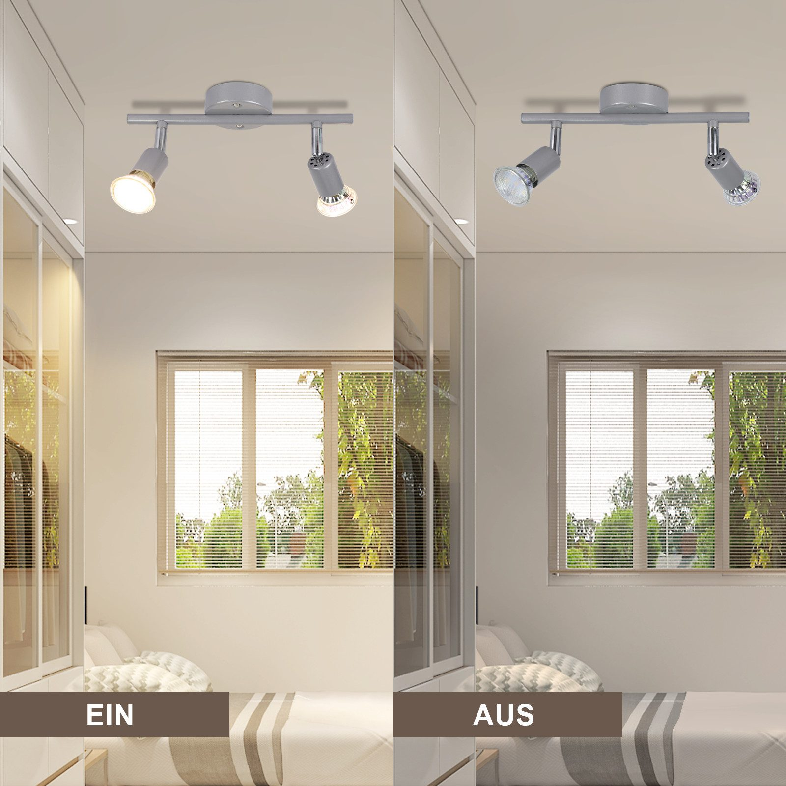 Dwa reflektory na suficie, jeden włączony, drugi wyłączony. Pokój ma łóżko i okno.