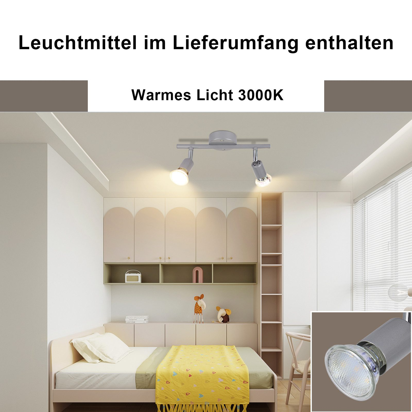 Dwa reflektory na suficie. Lewy jest włączony, a prawy wyłączony. Ciepłe światło.