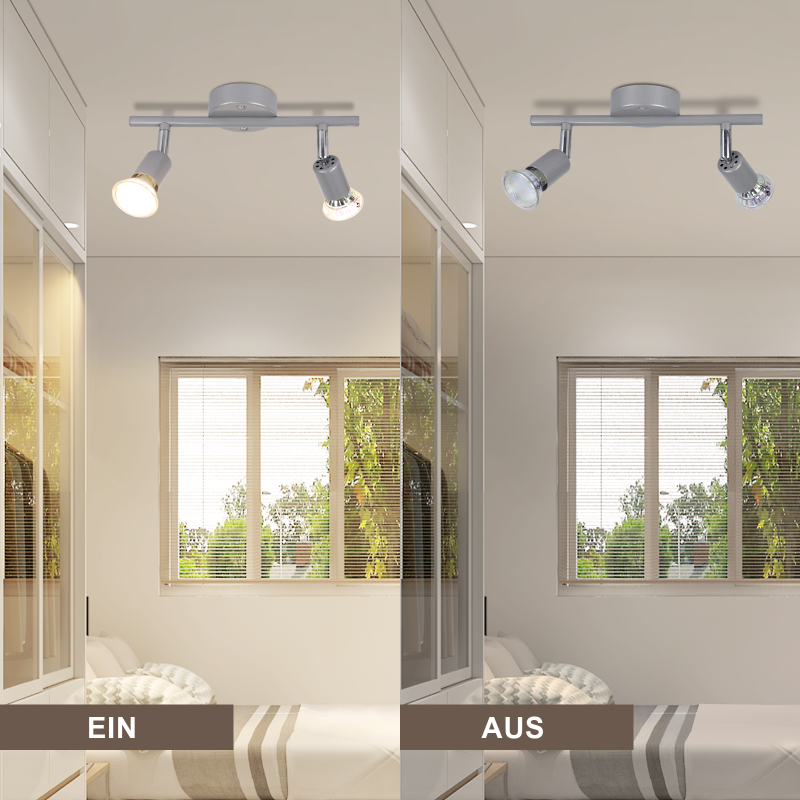 Dwa zdjęcia: lampa sufitowa włączona i wyłączona. Światło jest srebrne z dwoma regulowanymi reflektorami.