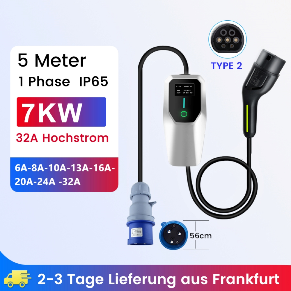 7KW EV-Ladegerät mit blauen und grauen Steckern und einem schwarzen Kabel mit Text zum Laden.