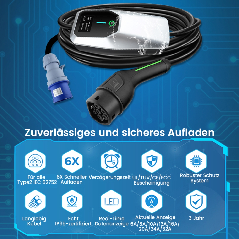 EV-Ladegerät mit Kabel, verschiedenen Symbolen und Text, der Funktionen und Zertifizierungen angibt.