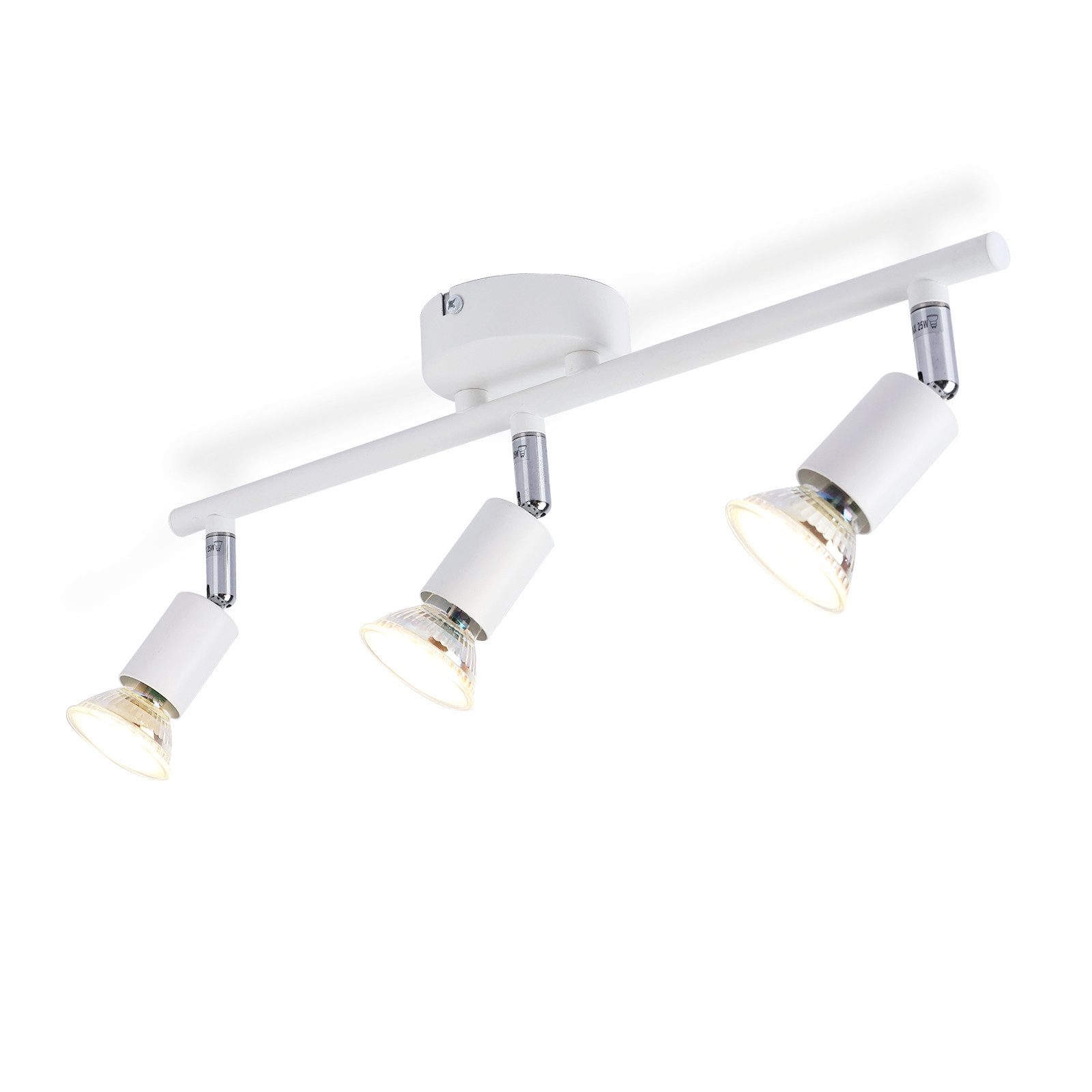Apparecchio di illuminazione a binario bianco con tre faretti orientabili, montato a soffitto.