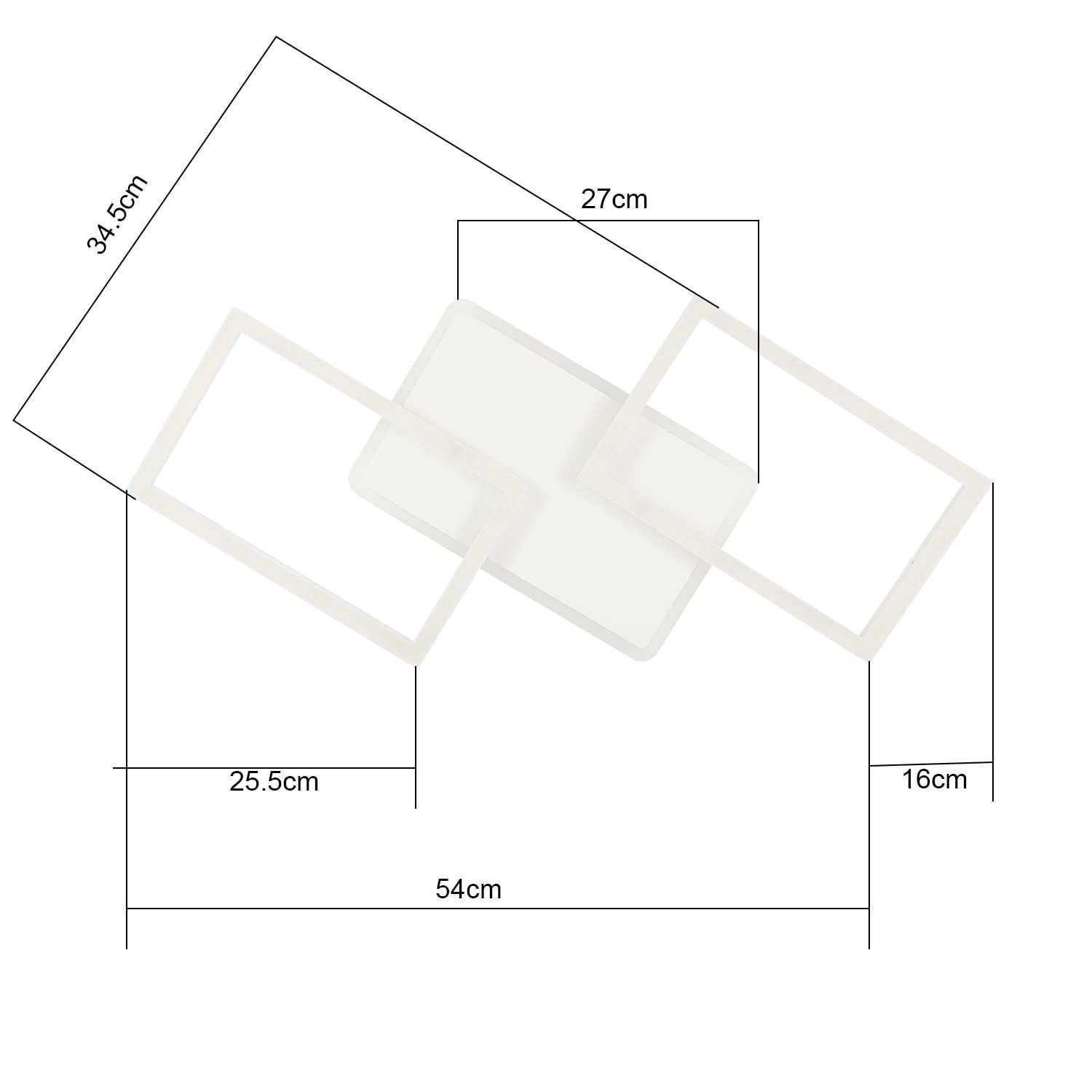 Diagramm einer weißen Deckenleuchte. Zeigt Abmessungen: 54 cm, 34,5 cm, 27 cm, 25,5 cm und 16 cm.