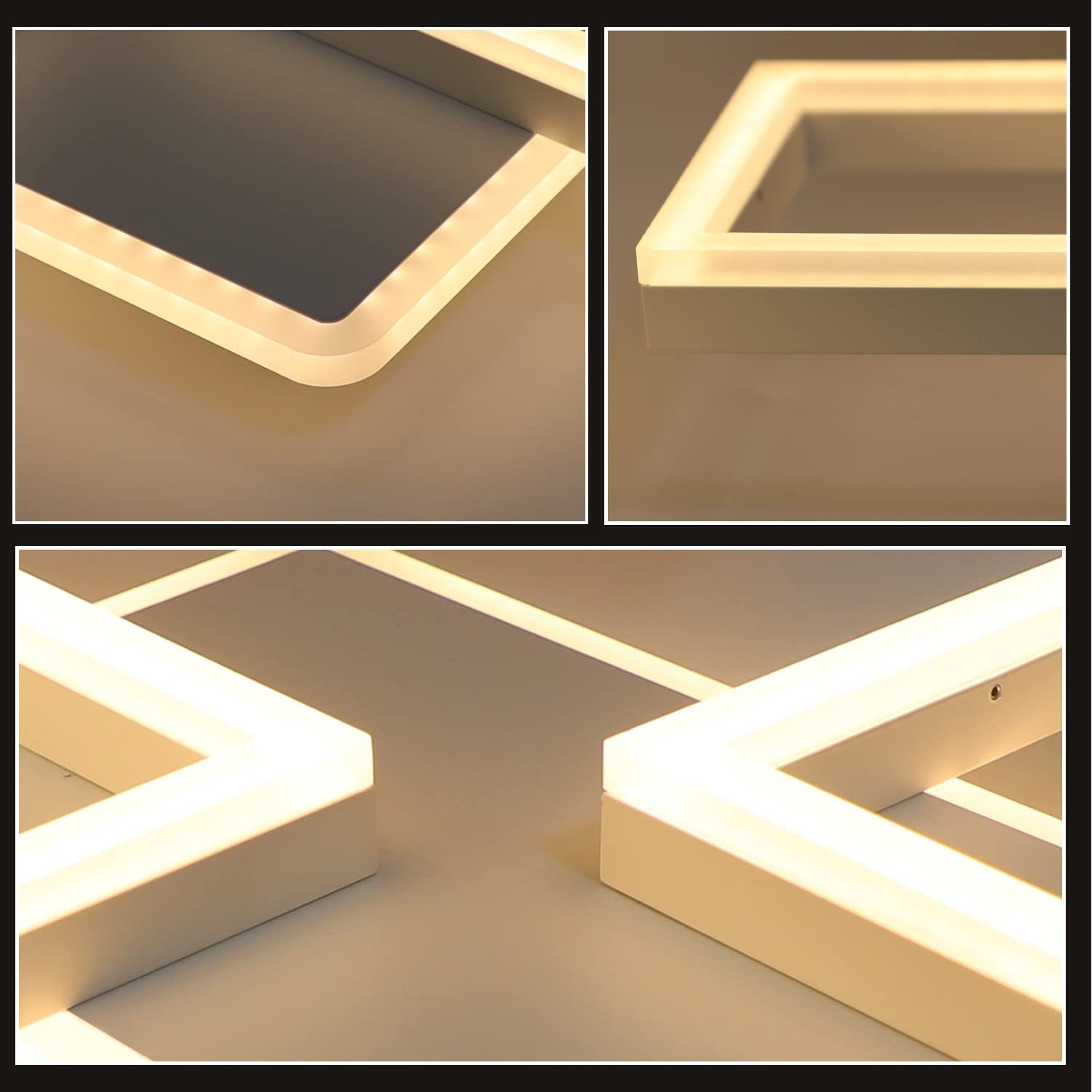 Weiße, geometrische Deckenleuchte, mehrere quadratische Rahmen mit hellem Licht.