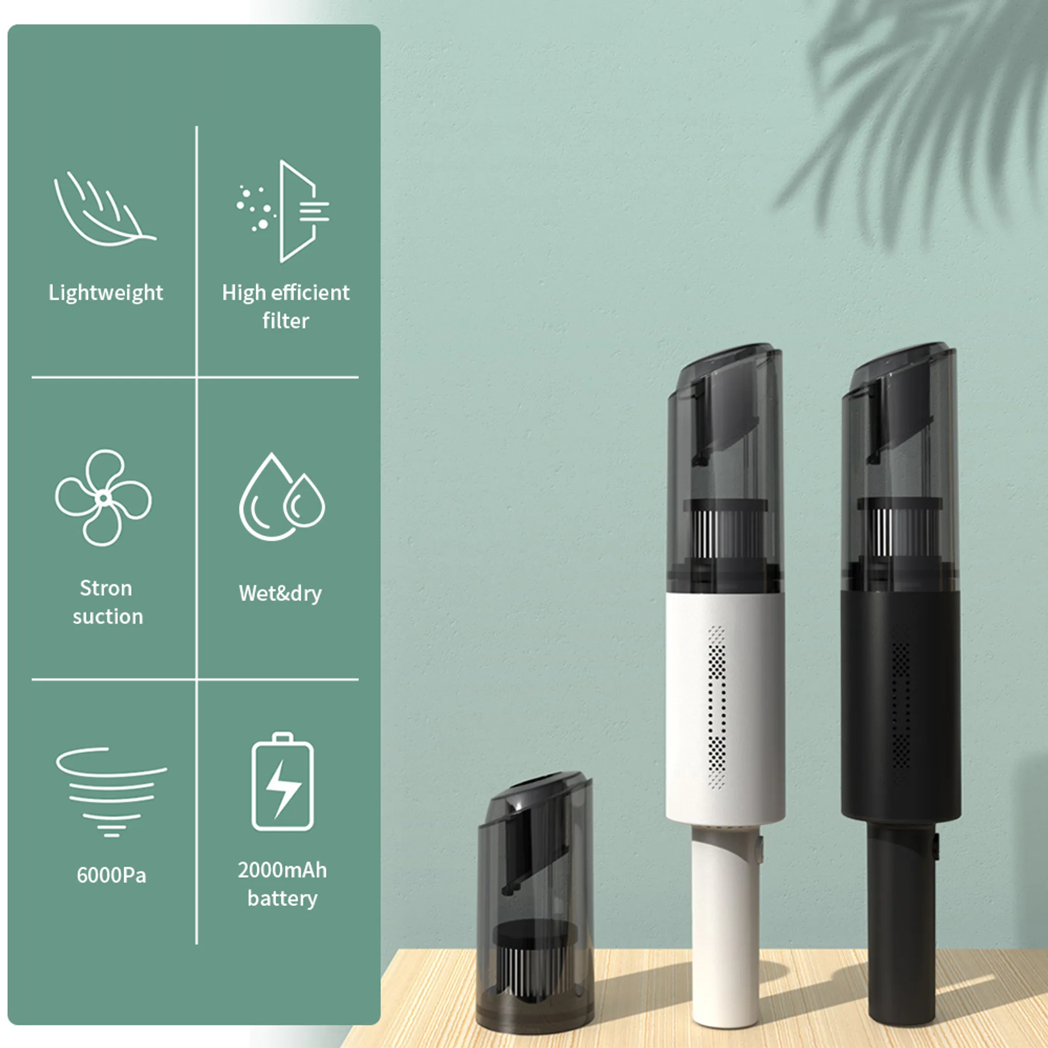 Zwei kleine Staubsauger, leicht, hocheffizienter Filter, starke Saugkraft, nass&trocken, 2000mAh Akku.