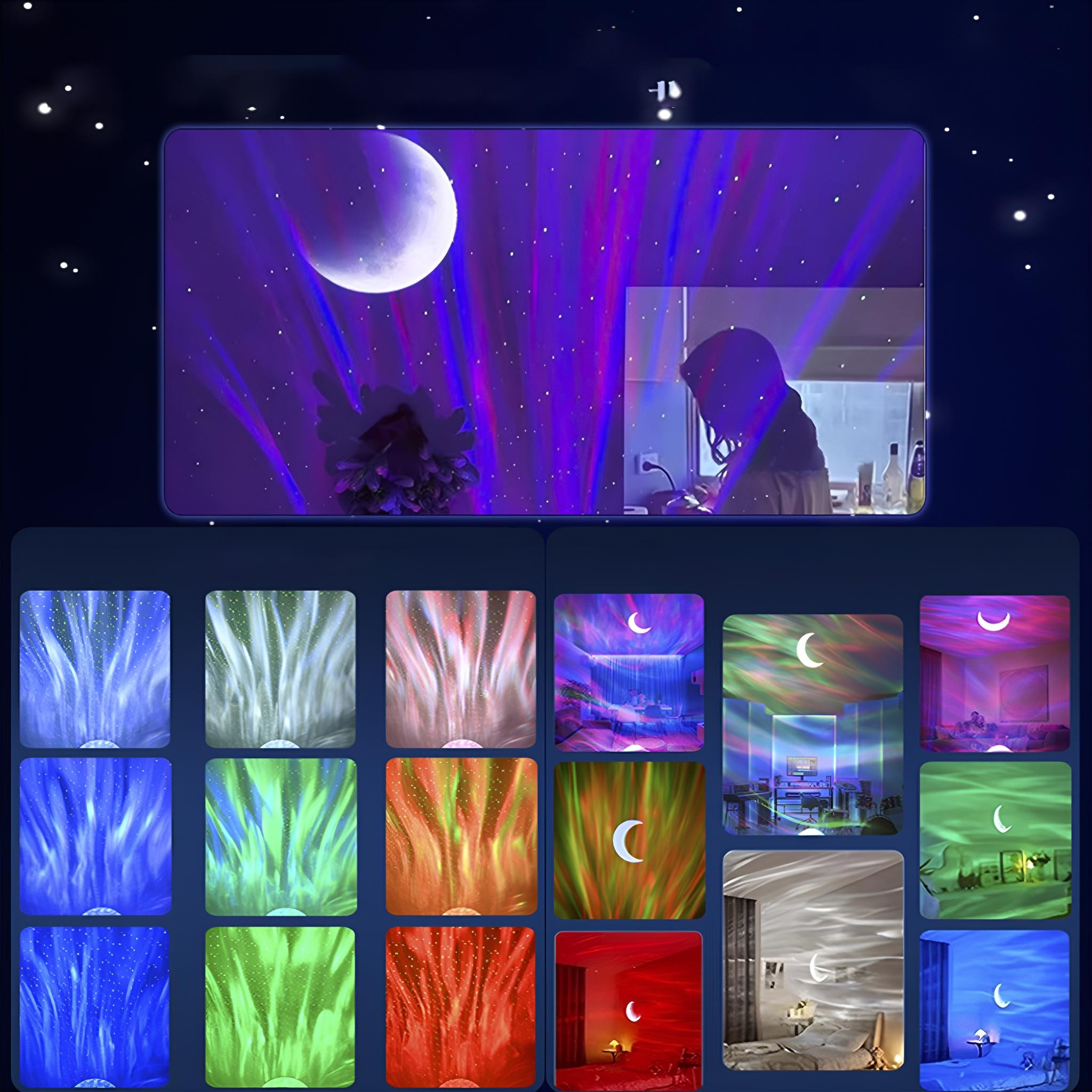 Ein Produkt mit einem Nachtlichtprojektor. Es zeigt einen Mond und farbenfrohe, sternenartige Muster.