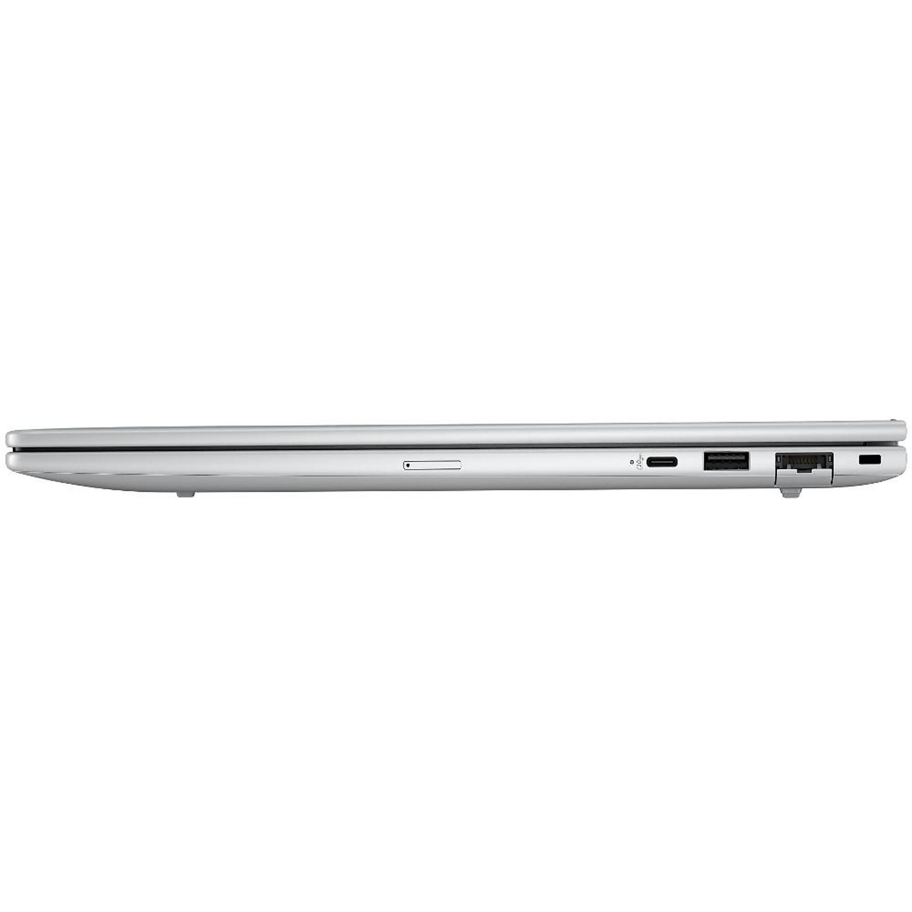 Vista laterale di un laptop argentato, che mostra le porte, tra cui una porta USB-C e un lettore di schede.