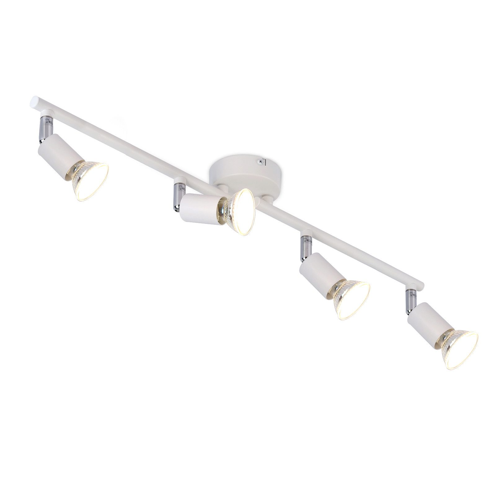 Apparecchio di illuminazione a binario bianco con quattro faretti orientabili, su sfondo bianco.