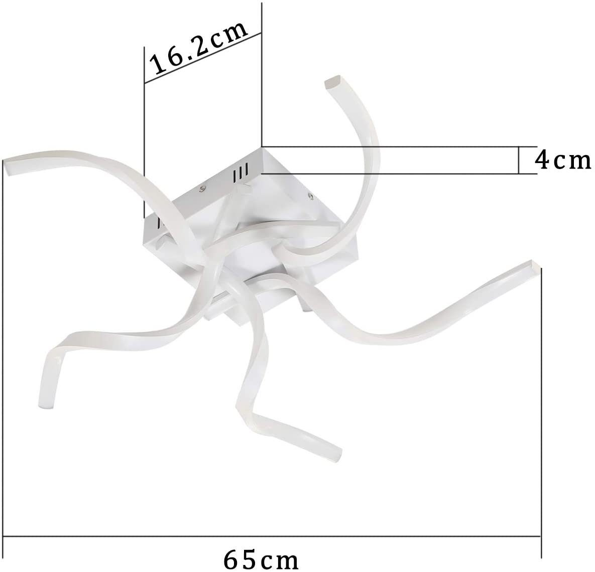 Eine weiße Deckenleuchte mit geschwungenen Armen wird mit Maßen gezeigt. Abmessungen sind 65 cm und 16,2 cm.