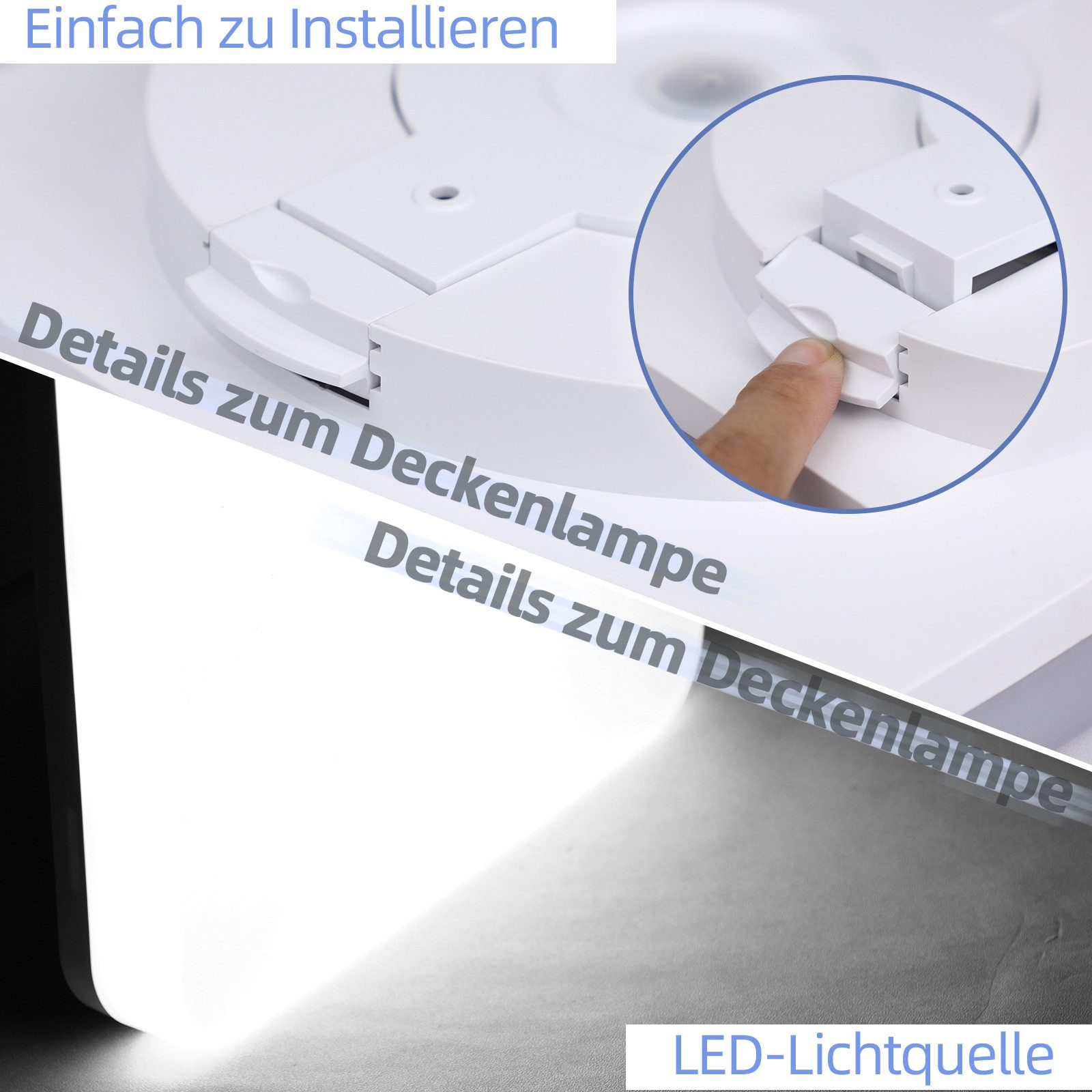 Primer plano de una luz de techo redonda blanca que se instala, con texto y fuente de luz.