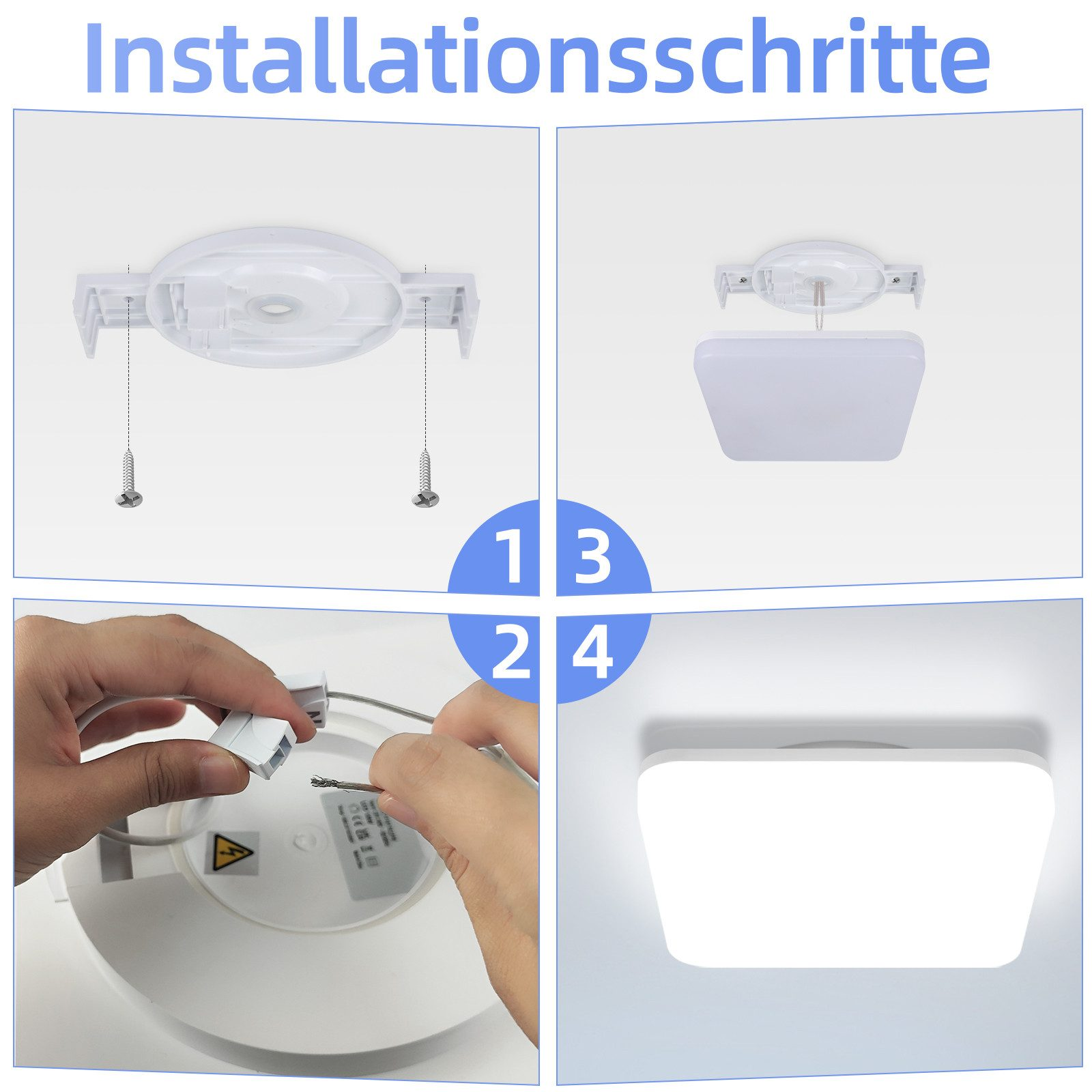 Pasos de instalación para una lámpara de techo. Incluye diagramas e instrucciones con pasos numerados.