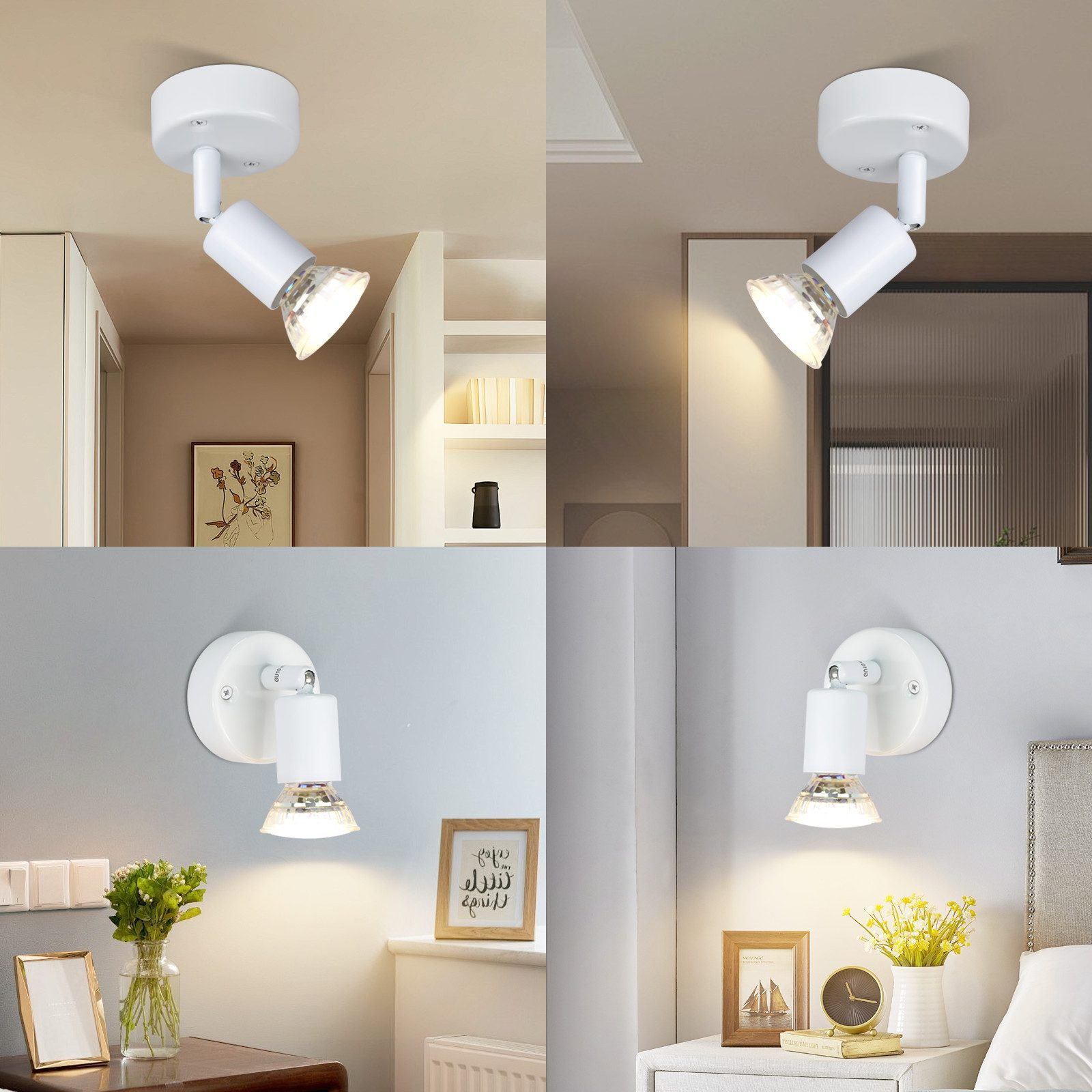 Cztery obrazy białych reflektorów sufitowych i ściennych, oświetlających różne ustawienia w domu.