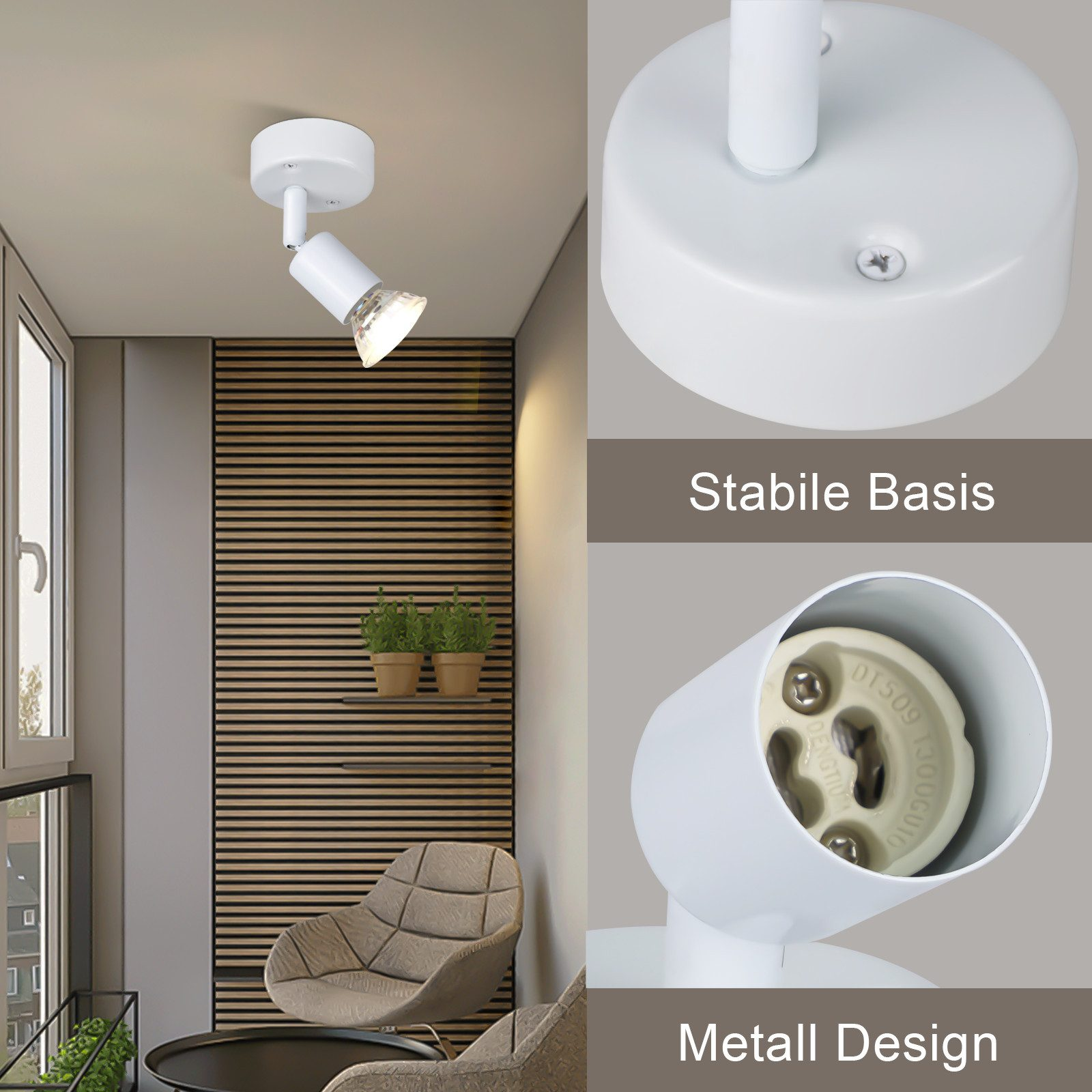 Biały reflektor sufitowy ze szczegółami. Zawiera zbliżenia podstawy i żarówki.