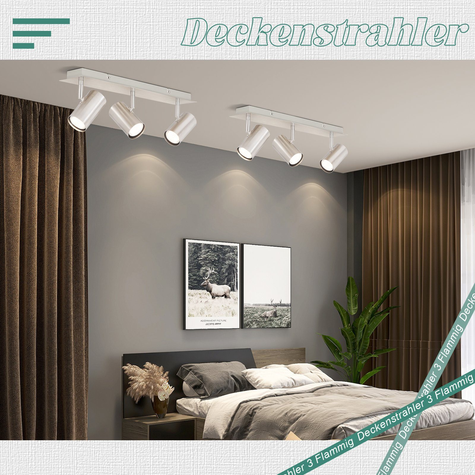 Camera da letto con lampade a soffitto, letto e opera d'arte. Tende marroni e pareti grigie.
