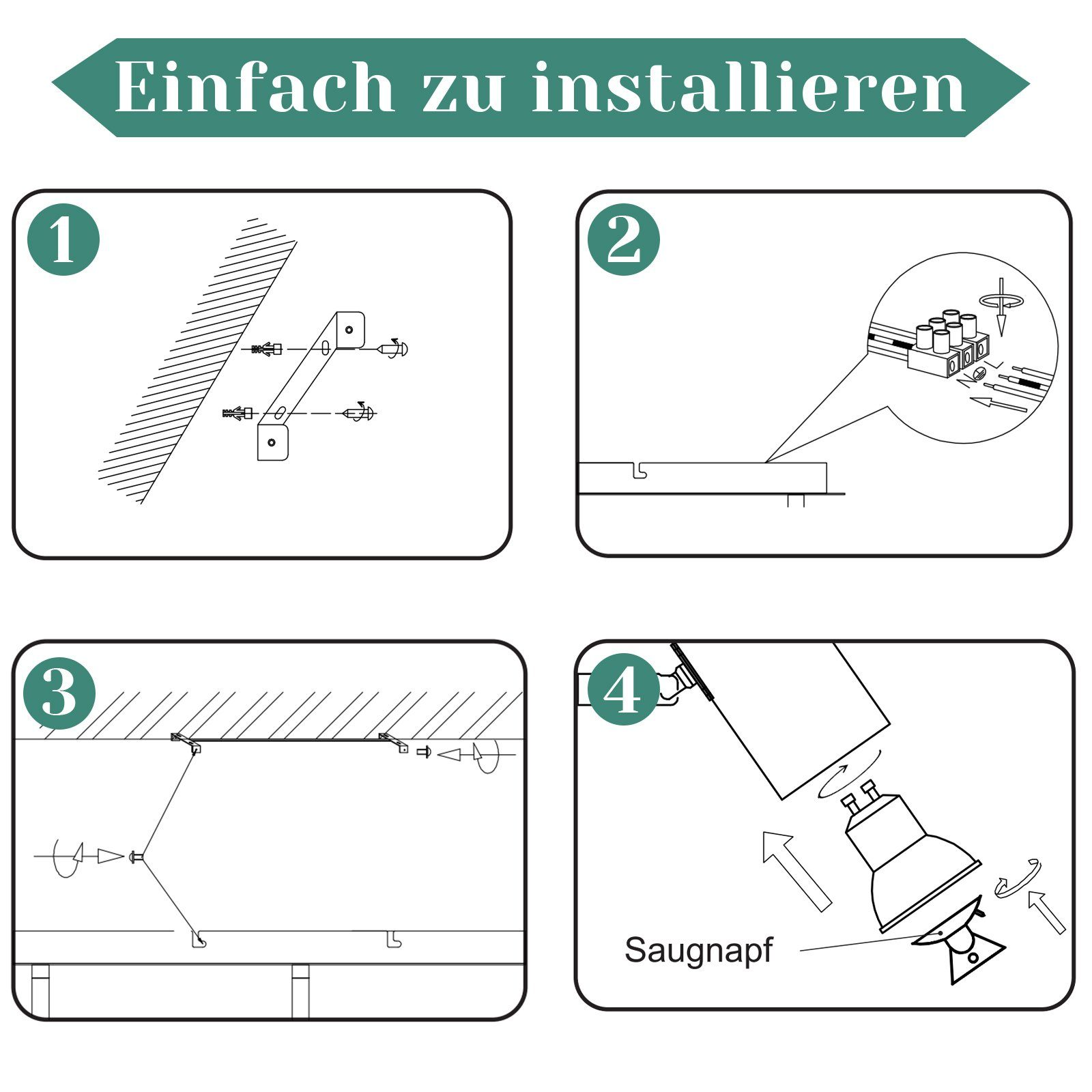 Istruzioni per l'installazione di un faretto. Sono illustrati quattro passaggi.