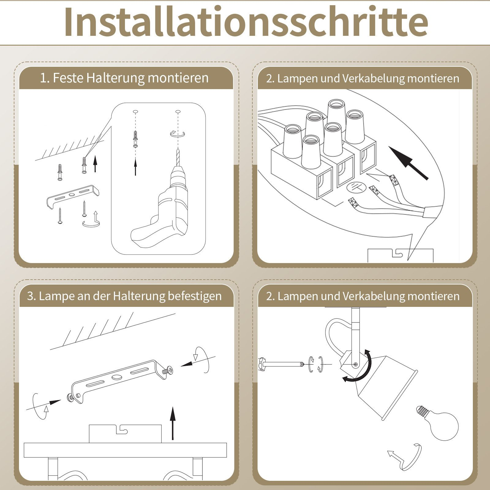 Schemat kroków instalacji. Schematy montażu uchwytu, podłączania przewodów i mocowania lampy.