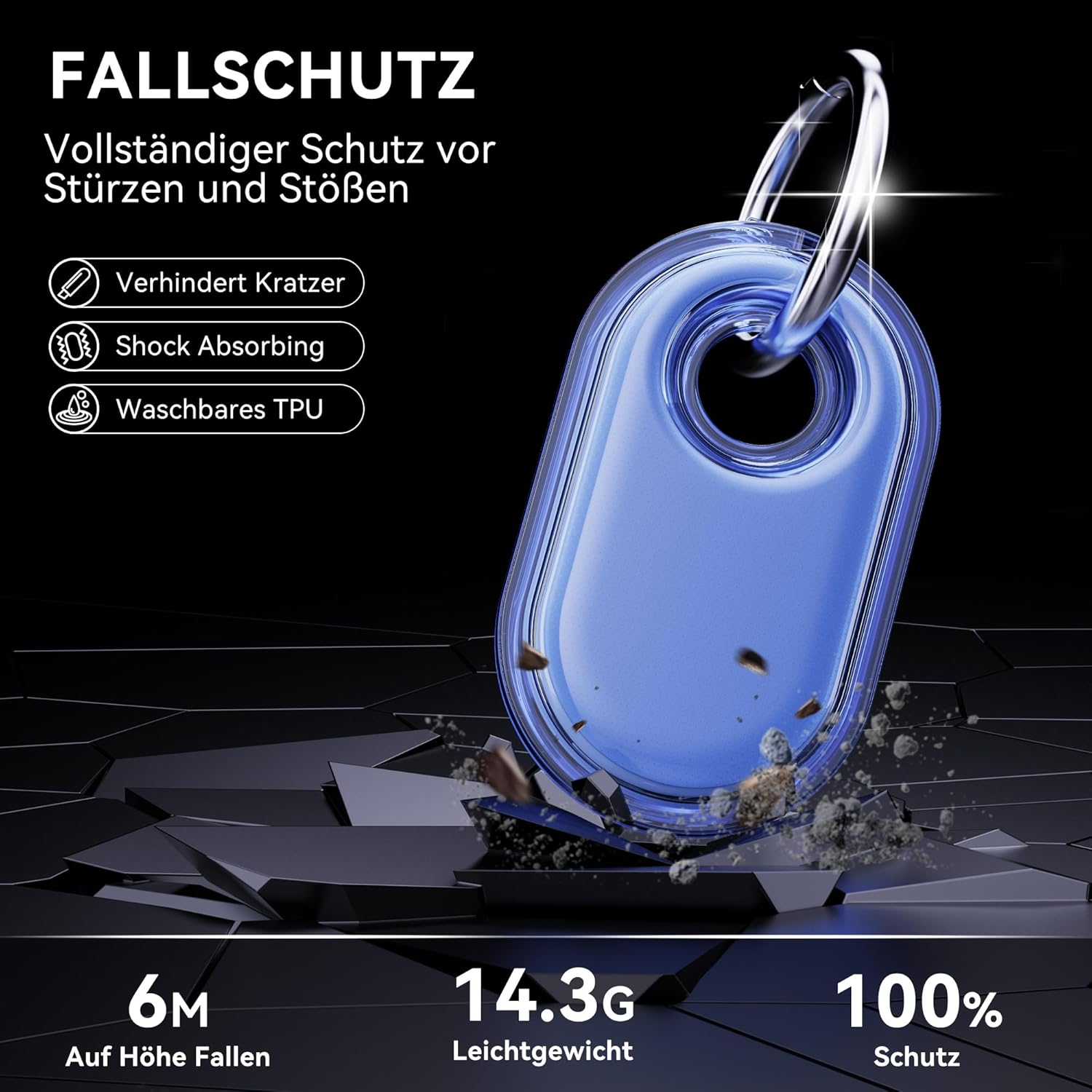 Ein blaues Schlüsselanhänger-Etui mit Text über Schutz. Es befindet sich auf einem Hintergrund aus zerbrochenem Glas.