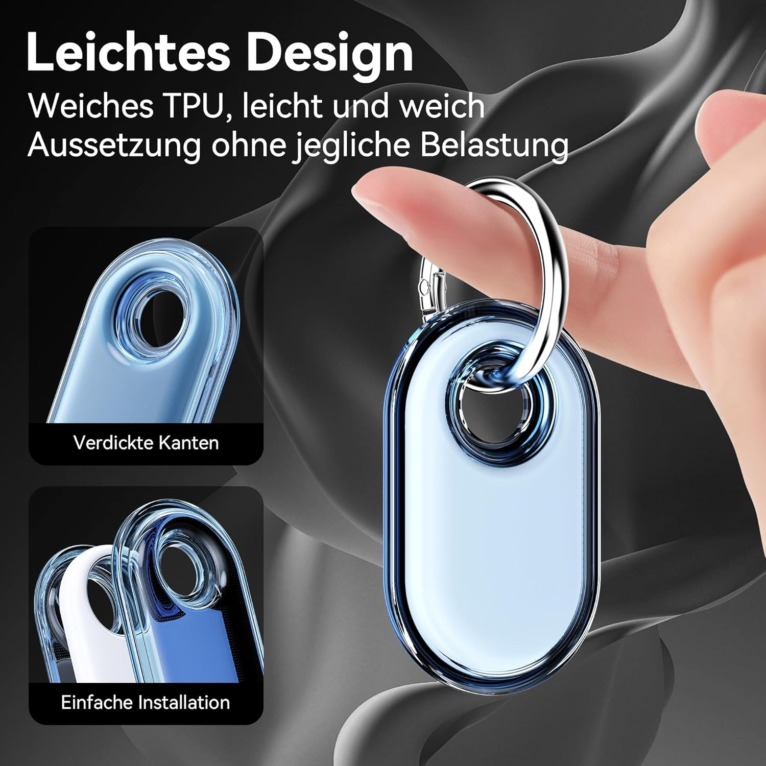 Hand einer Frau, die ein blaues Schlüsselanhänger-Etui hält. Zeigt die Funktionen und die Installation.