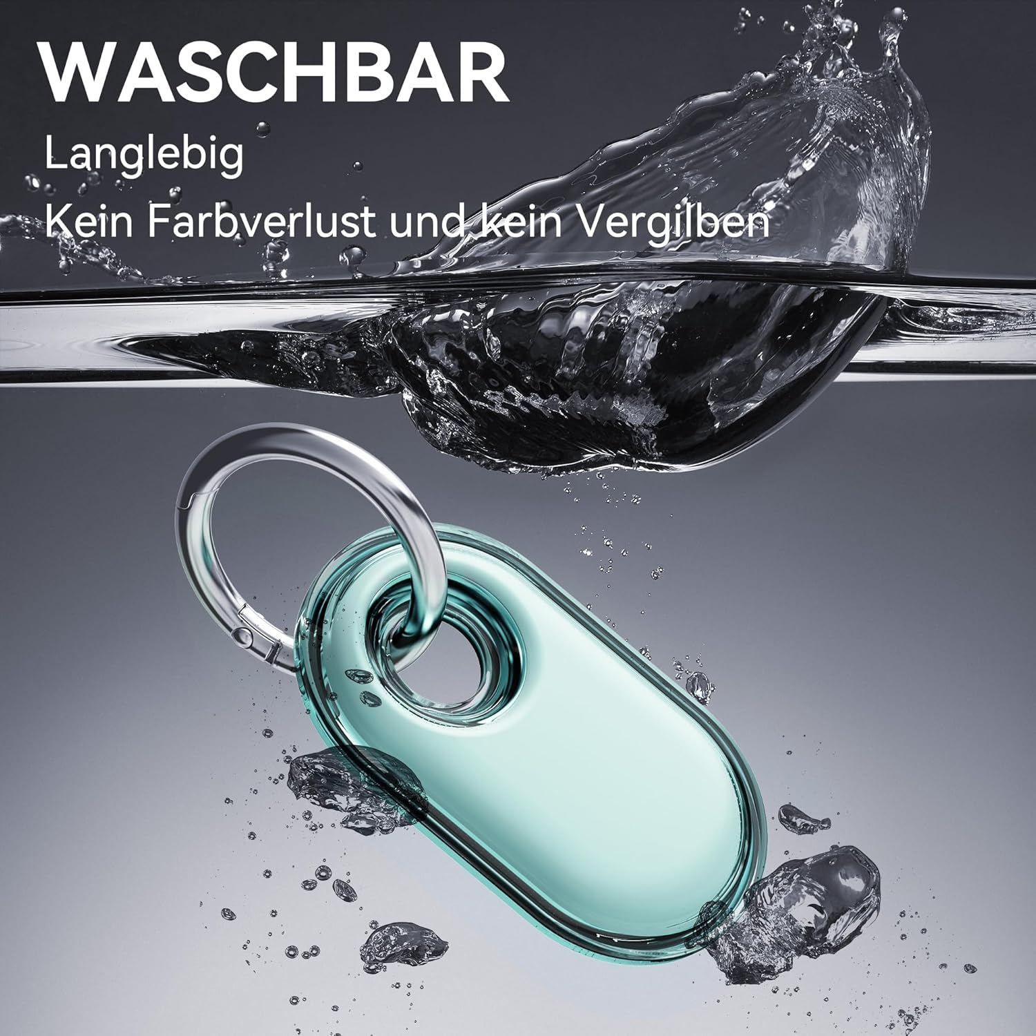 Ein türkisfarbener Tracker unter Wasser, mit Spritzern und Text. Es hat einen silbernen Ring. Der Hintergrund ist dunkel.