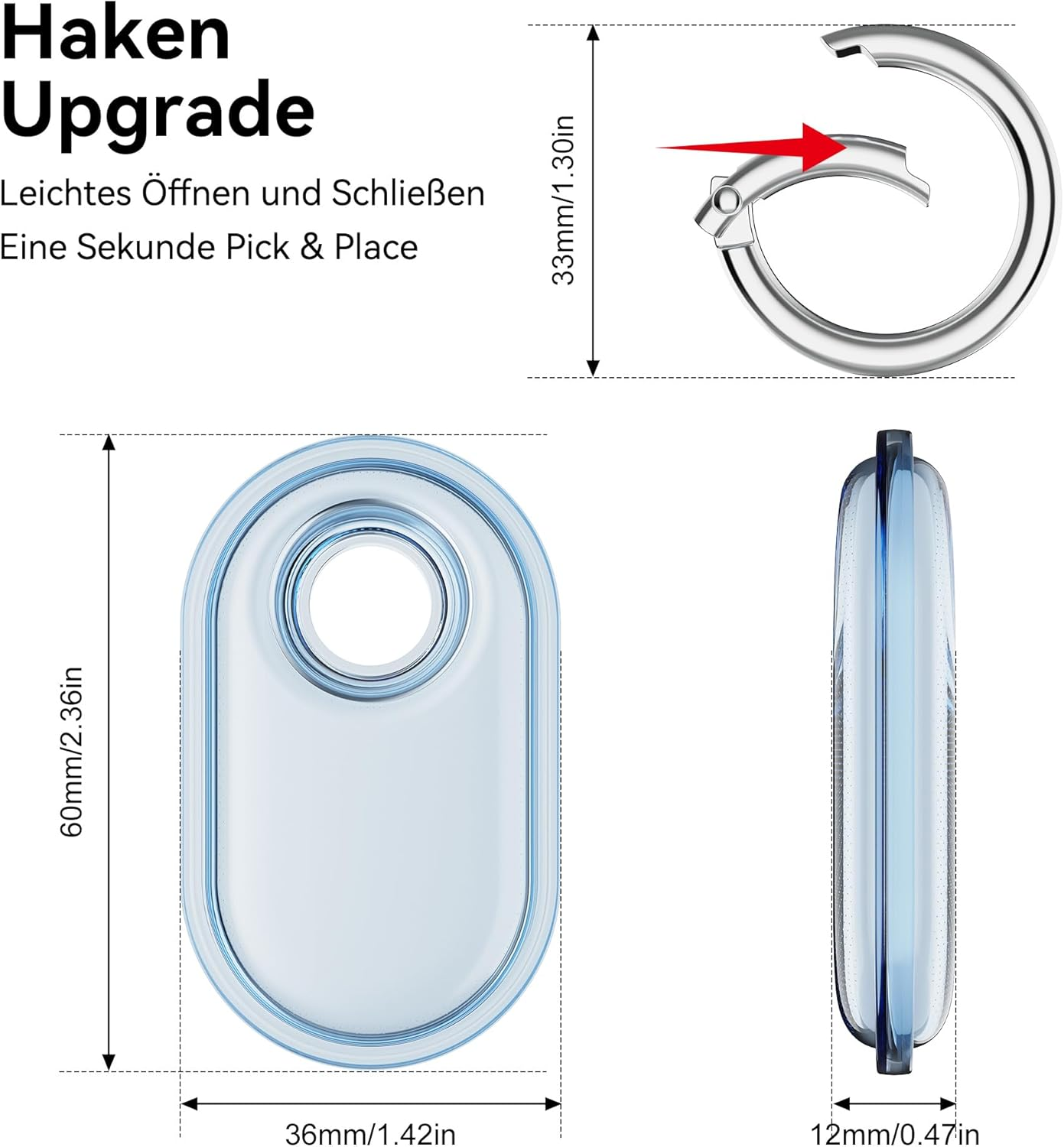 Diagramm mit Maßen und Details eines blauen Schlüsselanhängerhalters. Abmessungen sind angegeben.