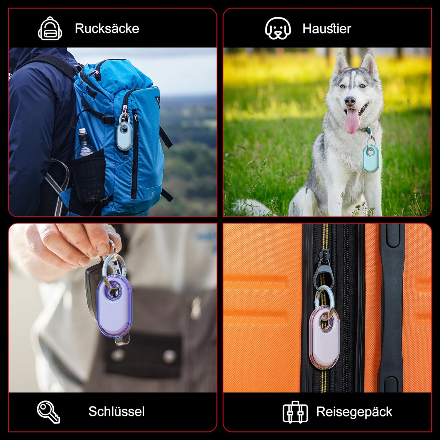Bilder, die einen Tracker auf einem Rucksack, einem Hund, Schlüsseln und Gepäck zeigen. Der Tracker ist in einem Gehäuse.