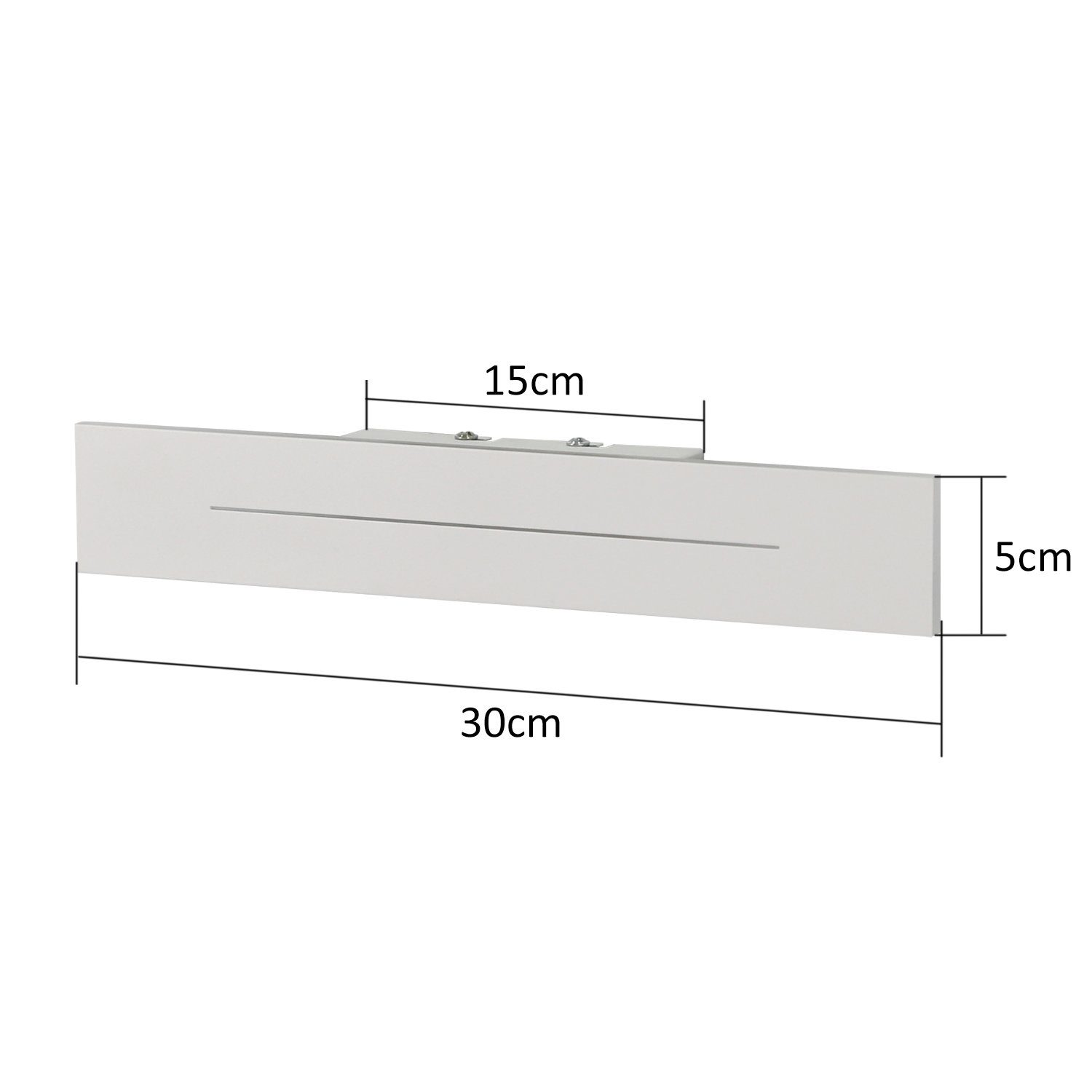 Lampada da parete rettangolare bianca con dimensioni e frecce, sfondo bianco.