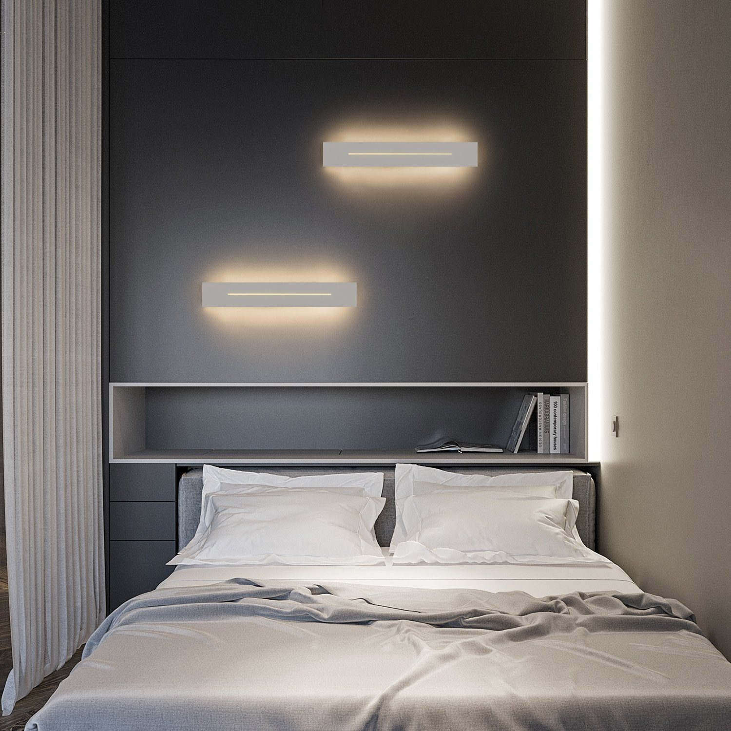 Camera da letto moderna con due lampade da parete sopra il letto. Letto e muro grigi.
