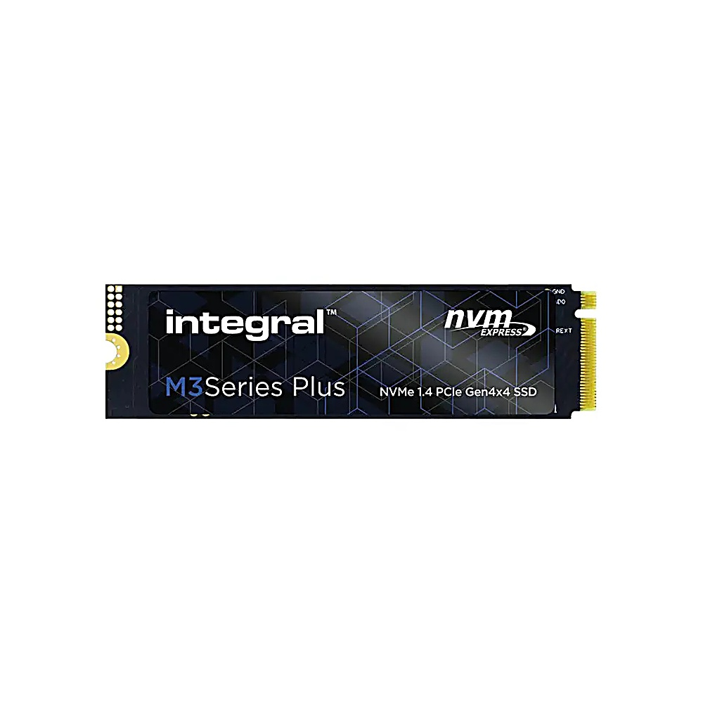 Scheda SSD con design nero e blu. Testo bianco, sfondo nero.