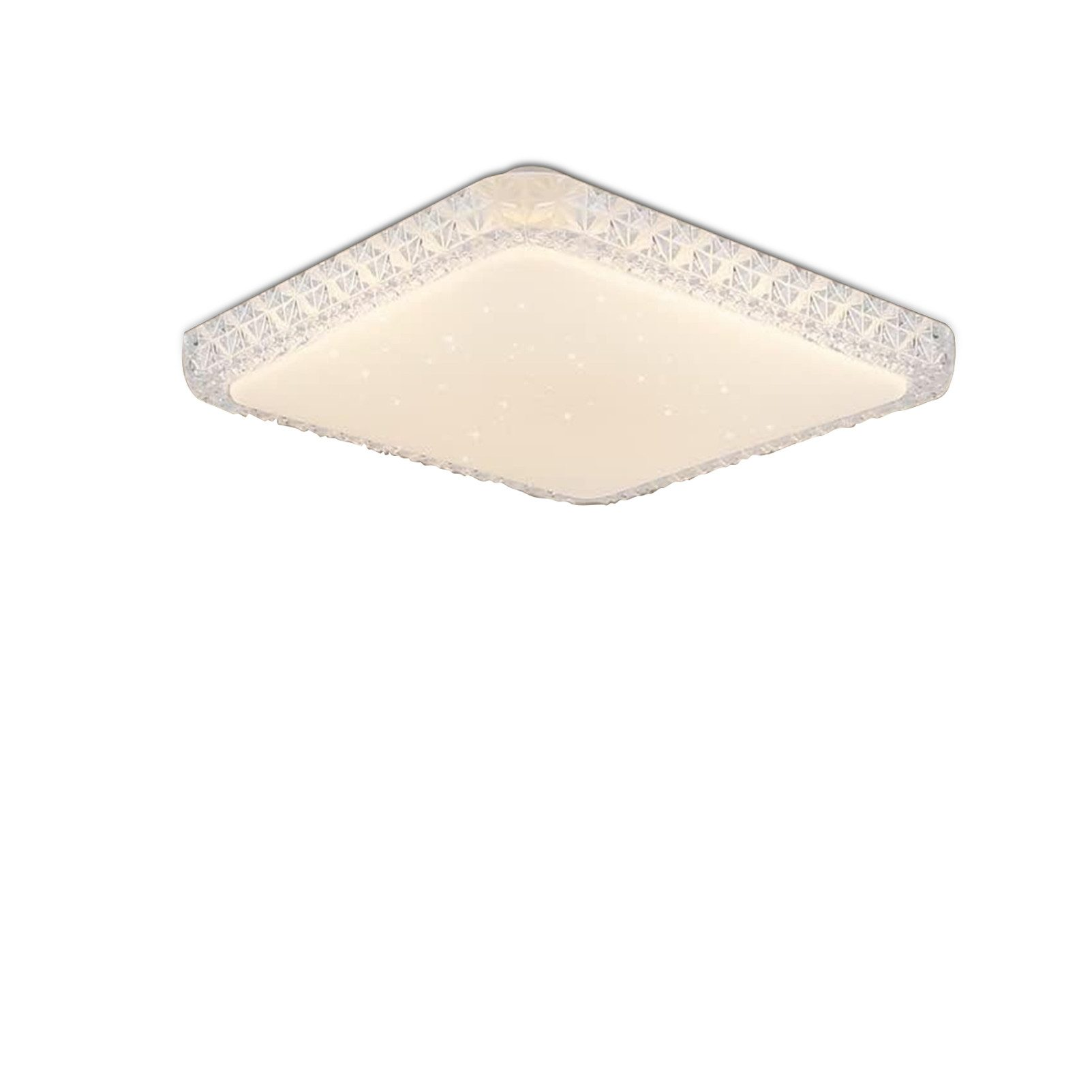 Una plafoniera LED bianca quadrata con un design geometrico su sfondo bianco.