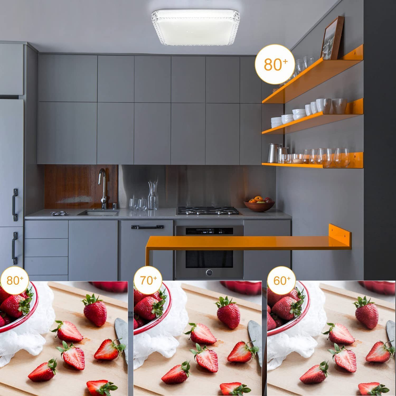 Una cocina con una luz de techo y fresas. Se ven tres configuraciones de iluminación diferentes en las fresas.