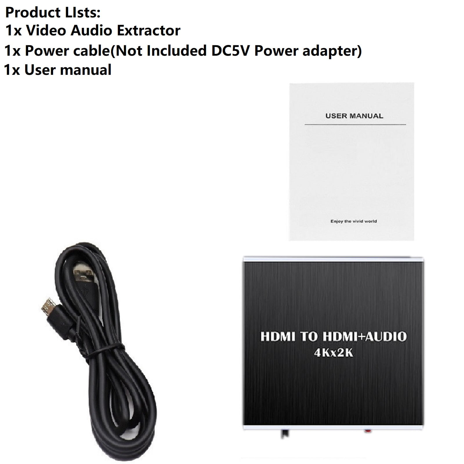 Produktliste: Extraktor, Netzkabel, Benutzerhandbuch und HDMI-Gerät.