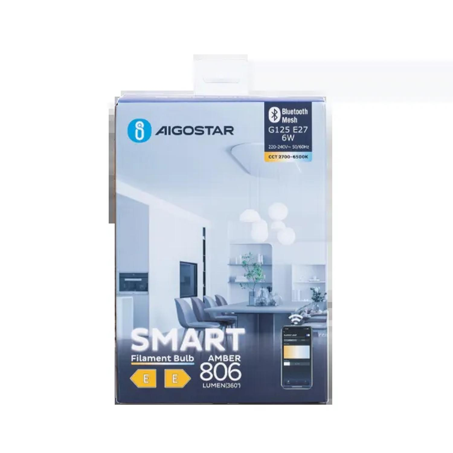 Pudełko z inteligentną żarówką. Pudełko zawiera obraz pokoju z inteligentnym oświetleniem.