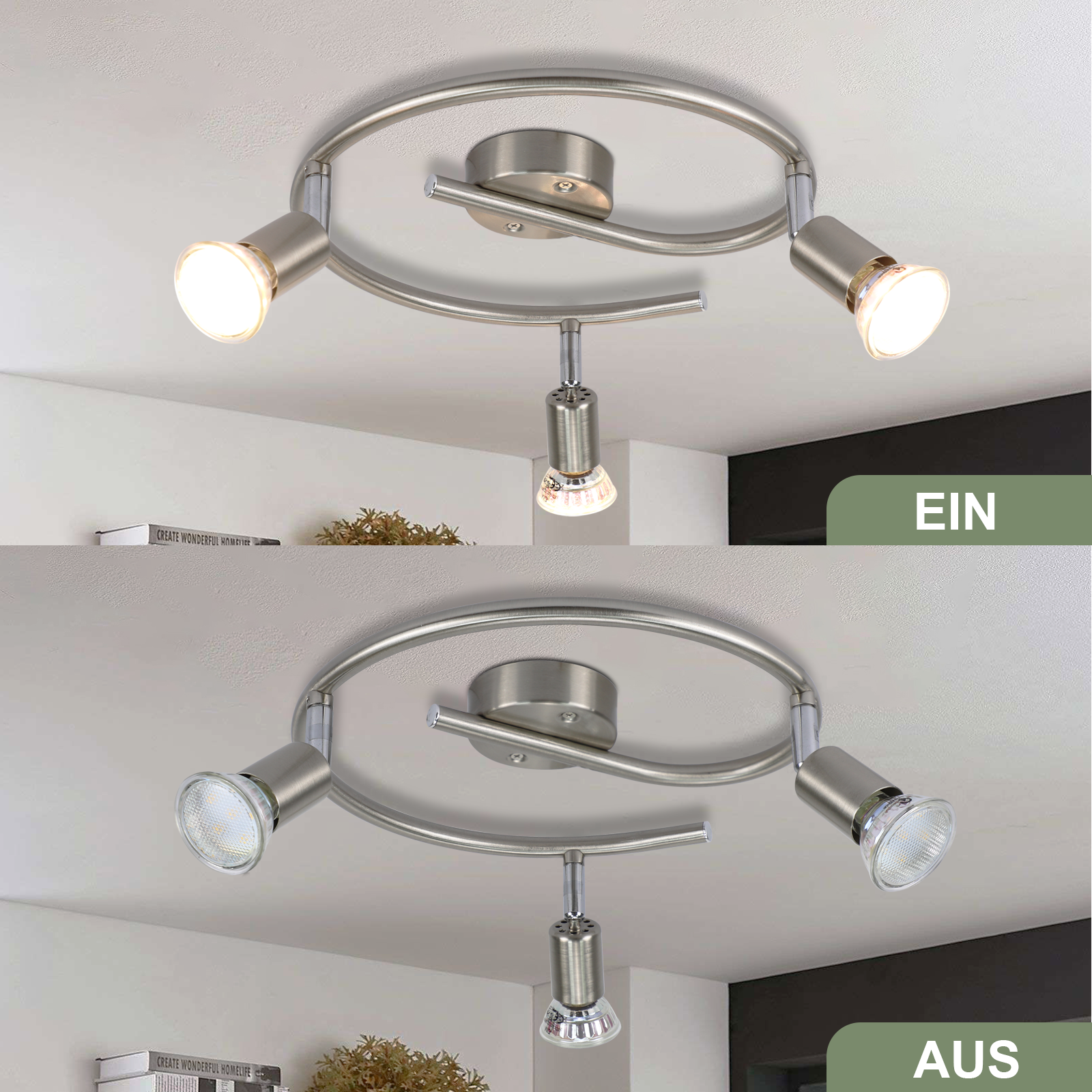 Oprawa oświetleniowa sufitowa z trzema światłami, na jednym zdjęciu włączone, na drugim wyłączone.